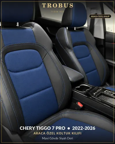 Chery Tiggo 7 Pro 2022-2026 Araca Özel Koltuk Kılıfı Mavi Gövde Siyah Deri