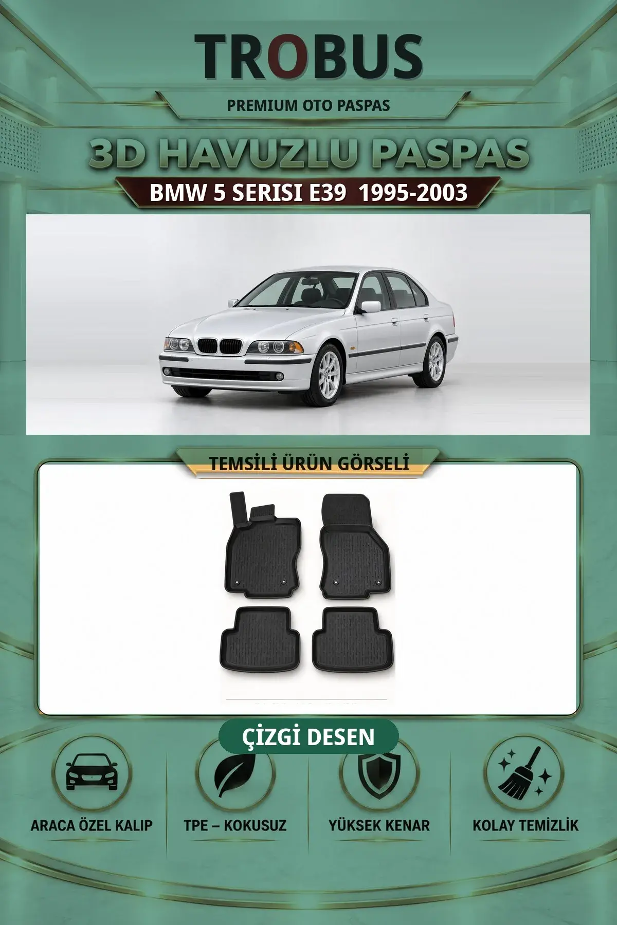 BMW 5 Serisi E39 1995-2003 Çizgi Desen 3D Havuzlu Paspas Takımı (1)
