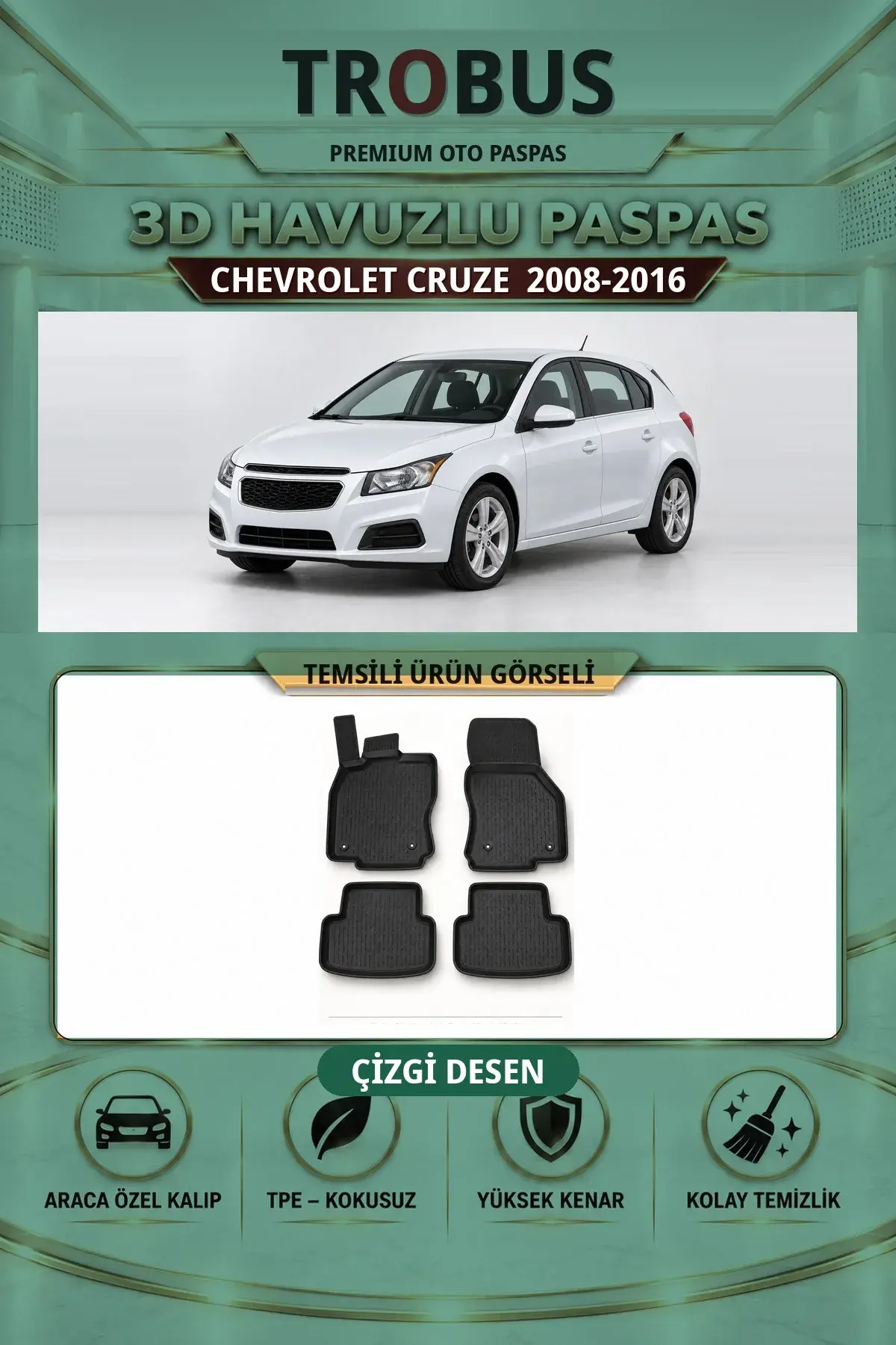 Chevrolet Cruze 2008-2016 Çizgi Desen 3D Havuzlu Paspas Takımı (1)