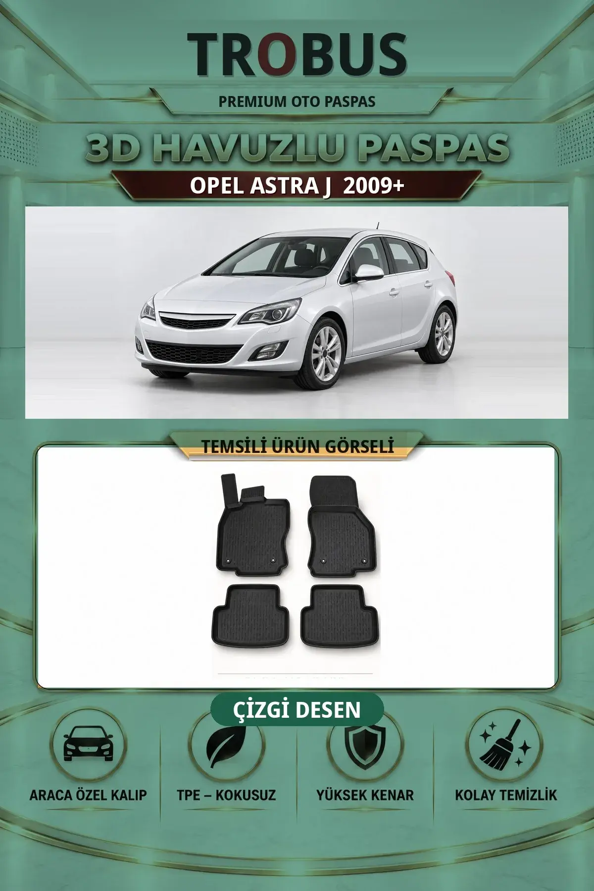 Opel Astra J 2009+ Çizgi Desen 3D Havuzlu Paspas Takımı (1)