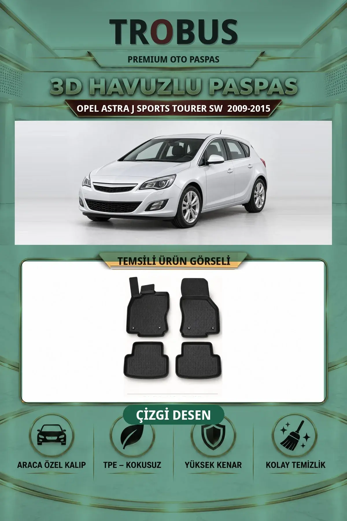 Opel Astra J Sports Tourer SW 2009-2015 Çizgi Desen 3D Havuzlu Paspas Takımı (1)
