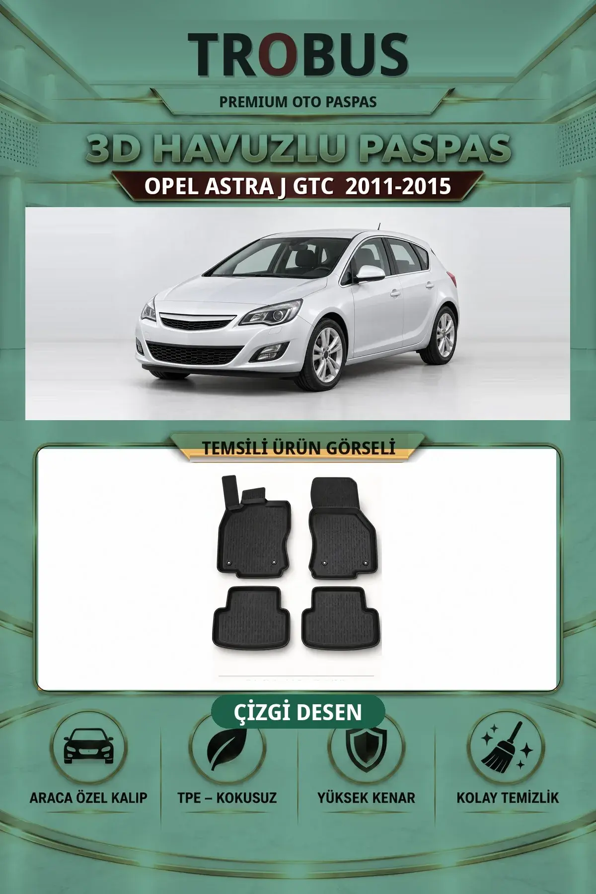 Opel Astra J GTC 2011-2015 Çizgi Desen 3D Havuzlu Paspas Takımı (1)