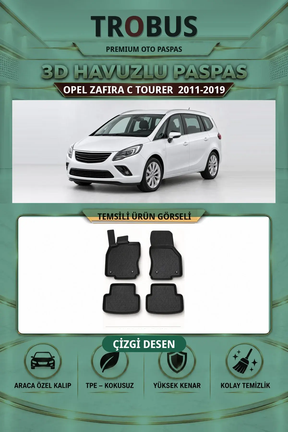 Opel Zafira C Tourer 2011-2019 Çizgi Desen 3D Havuzlu Paspas Takımı (1)