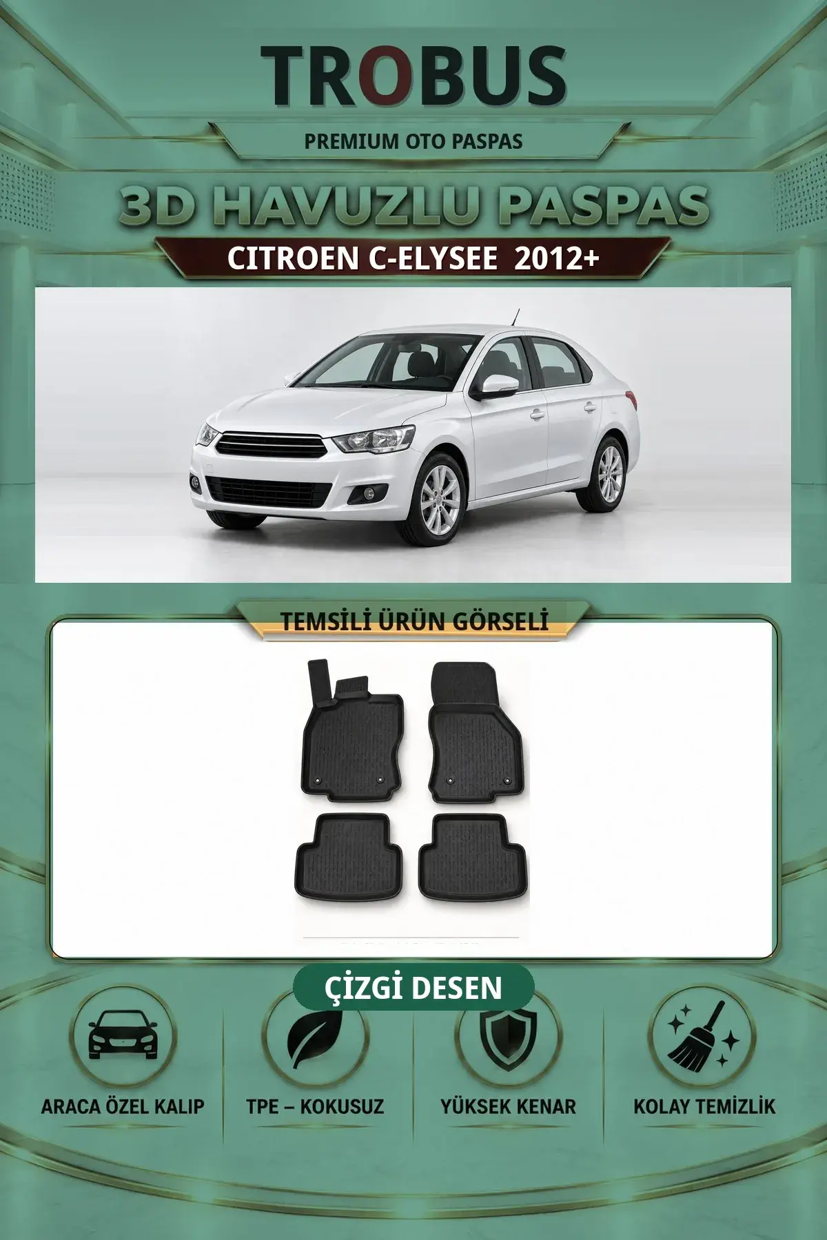 Citroen C-ELYSEE 2012+ Çizgi Desen 3D Havuzlu Paspas Takımı (1)