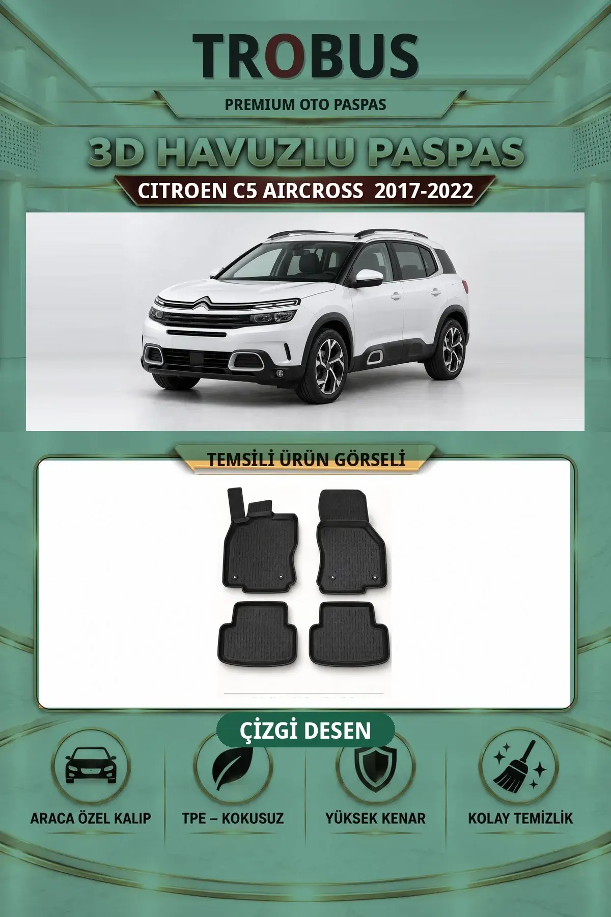 Citroen C5 Aircross 2017-2022 Çizgi Desen 3D Havuzlu Paspas Takımı (1)