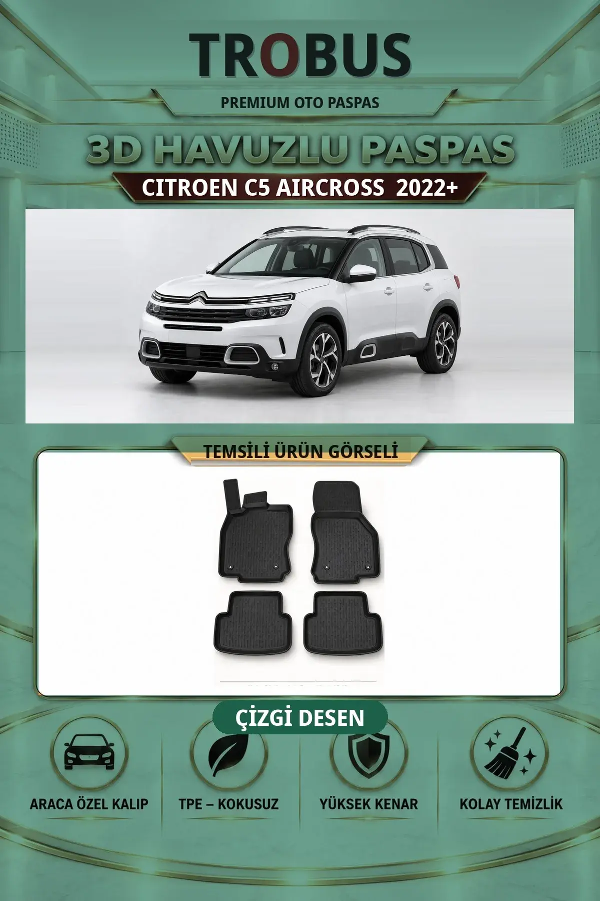 Citroen C5 Aircross 2022+ Çizgi Desen 3D Havuzlu Paspas Takımı (1)