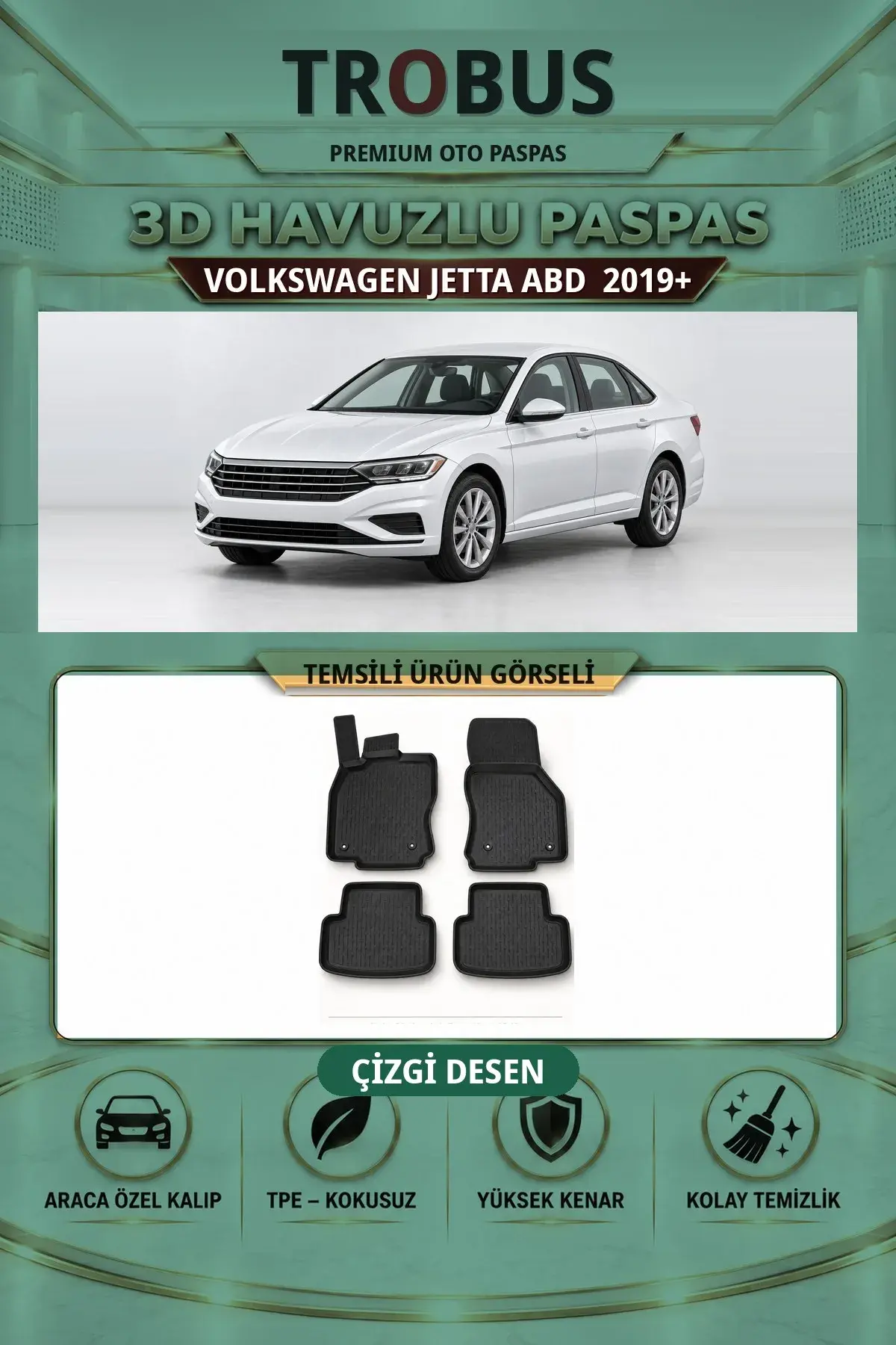 Volkswagen Jetta 2019+ ABD Çizgi Desen 3D Havuzlu Paspas Takımı (1)