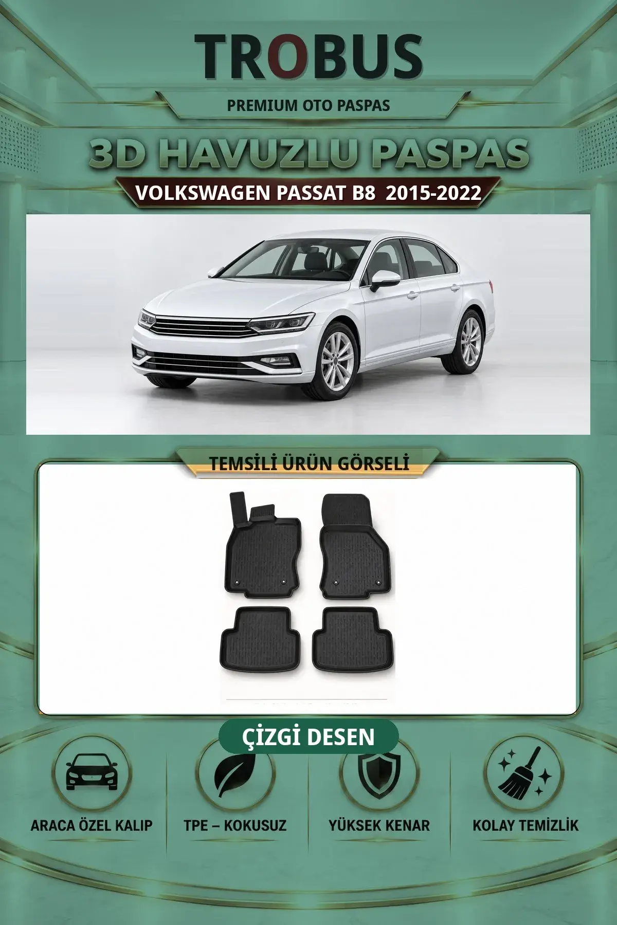 Volkswagen Passat B8 2015-2022 Çizgi Desen 3D Havuzlu Paspas Takımı (1)