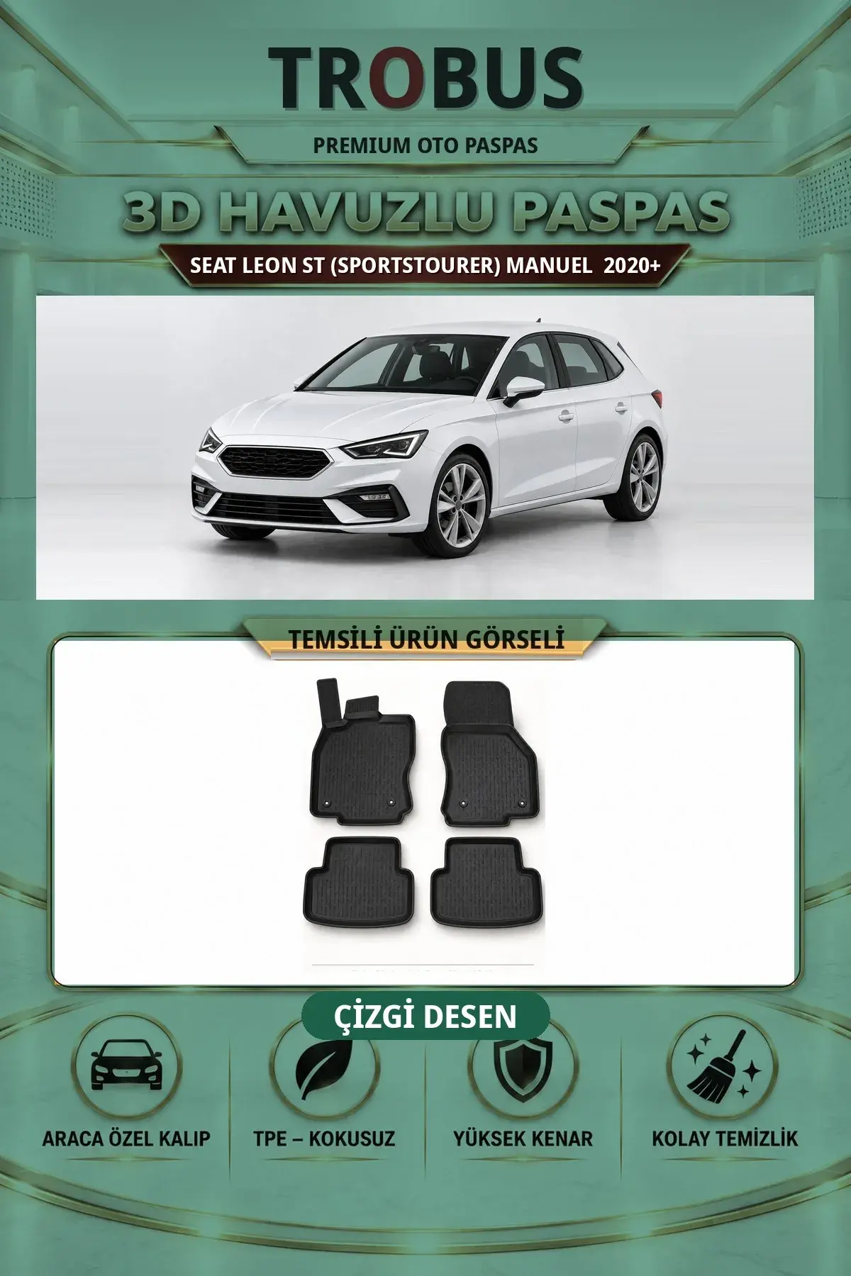 Seat Leon ST (SPORTSTOURER) Manuel 2020+ Çizgi Desen 3D Havuzlu Paspas Takımı (1)