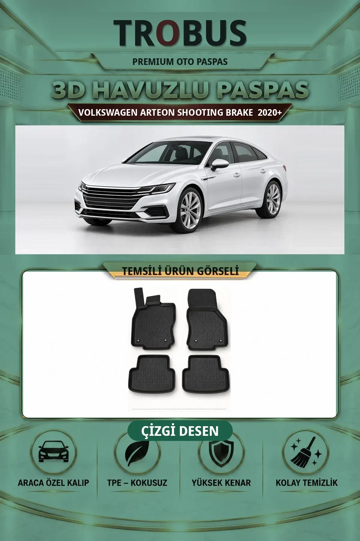 Volkswagen Arteon Shooting Brake 2020+ Çizgi Desen 3D Havuzlu Paspas Takımı (1)