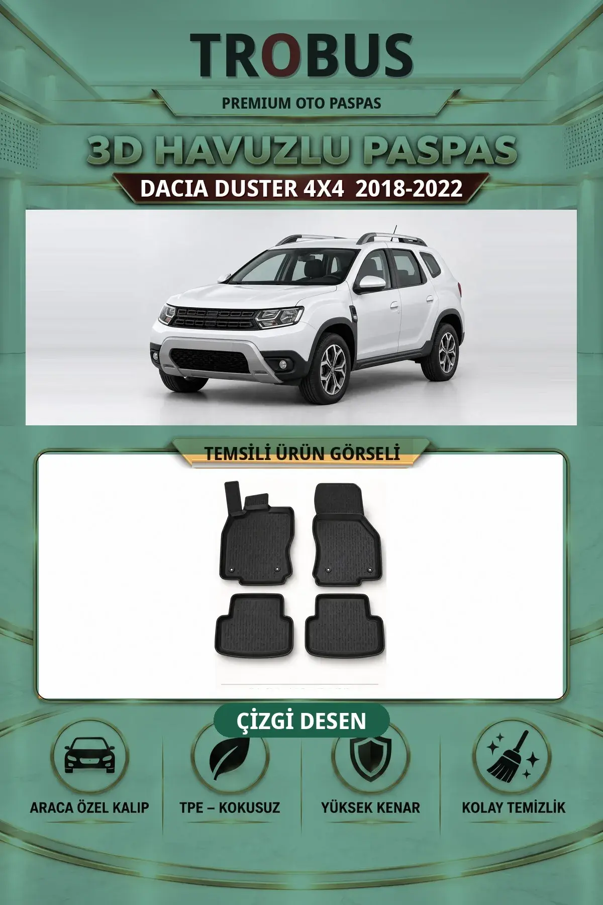 Dacia Duster 4X4 2018-2022 Çizgi Desen 3D Havuzlu Paspas Takımı (1)