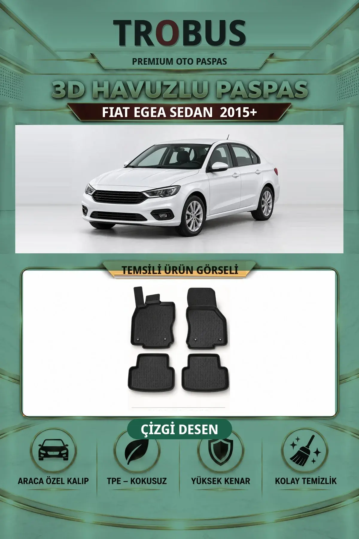 Fiat Egea Sedan 2015+ Çizgi Desen 3D Havuzlu Paspas Takımı (1)