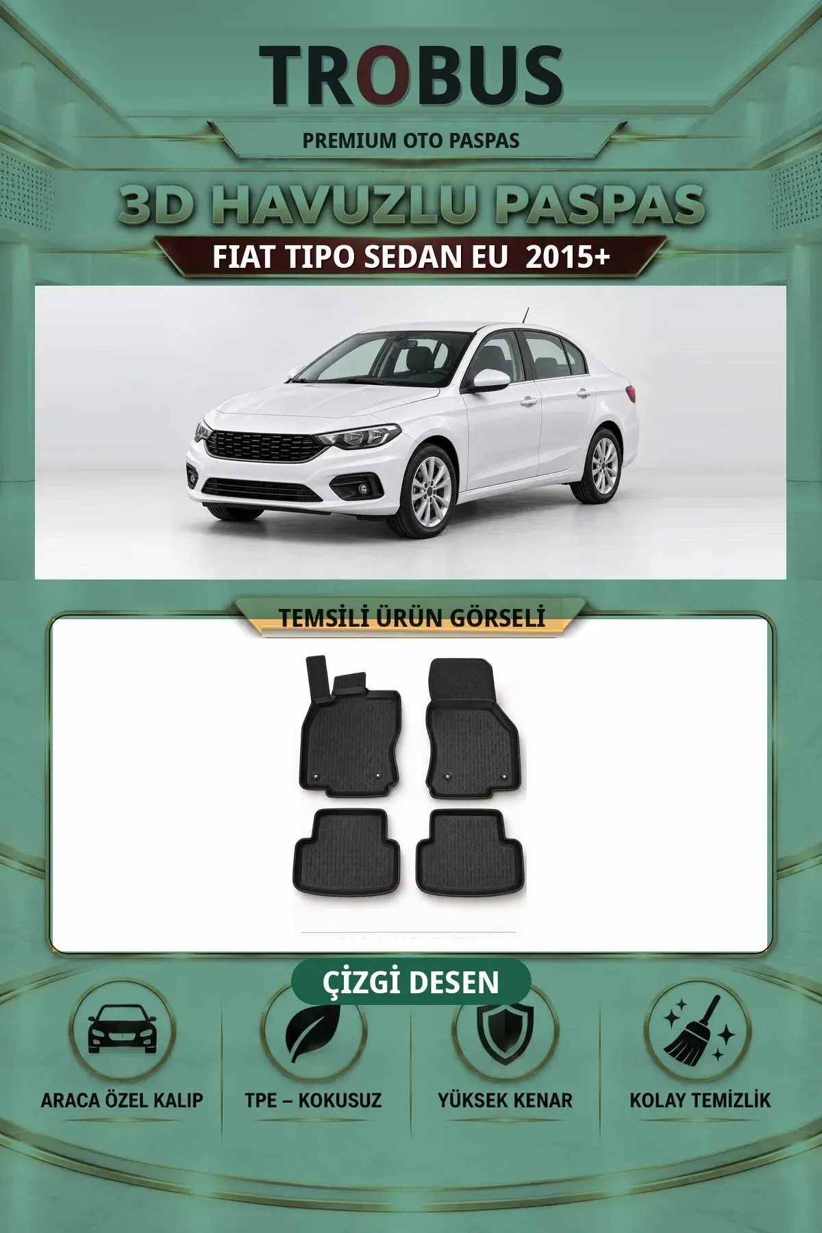 Fiat Tipo Sedan EU 2015+ Çizgi Desen 3D Havuzlu Paspas Takımı (1)