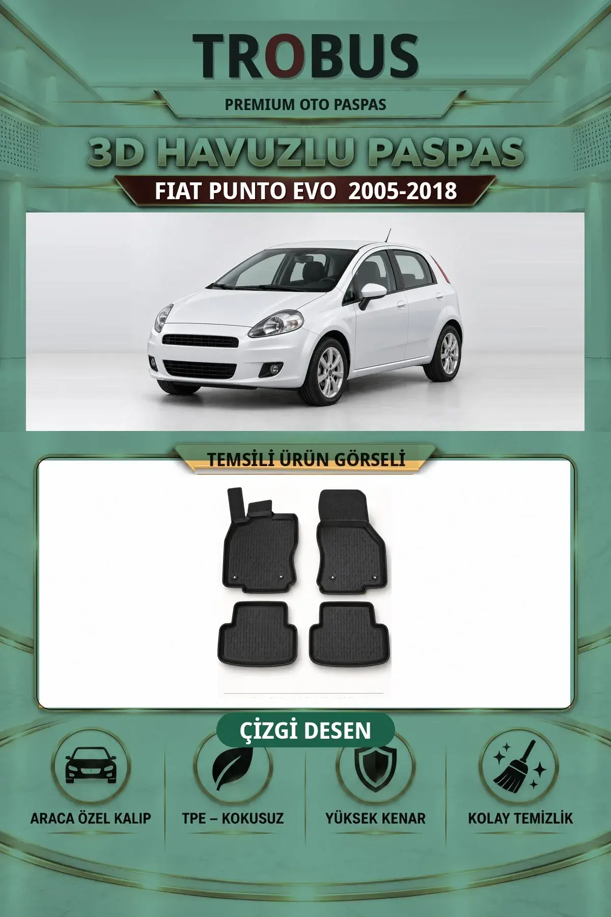 Fiat Punto Evo 2005-2018 Çizgi Desen 3D Havuzlu Paspas Takımı (1)