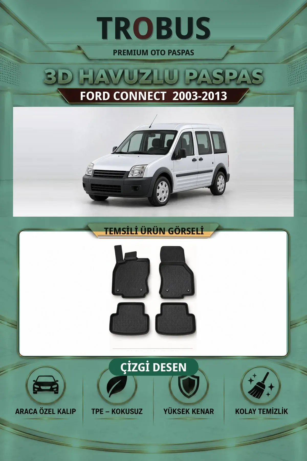 Ford Connect 2003-2013 Arka Koltuklu Çizgi Desen 3D Havuzlu Paspas Takımı (1)