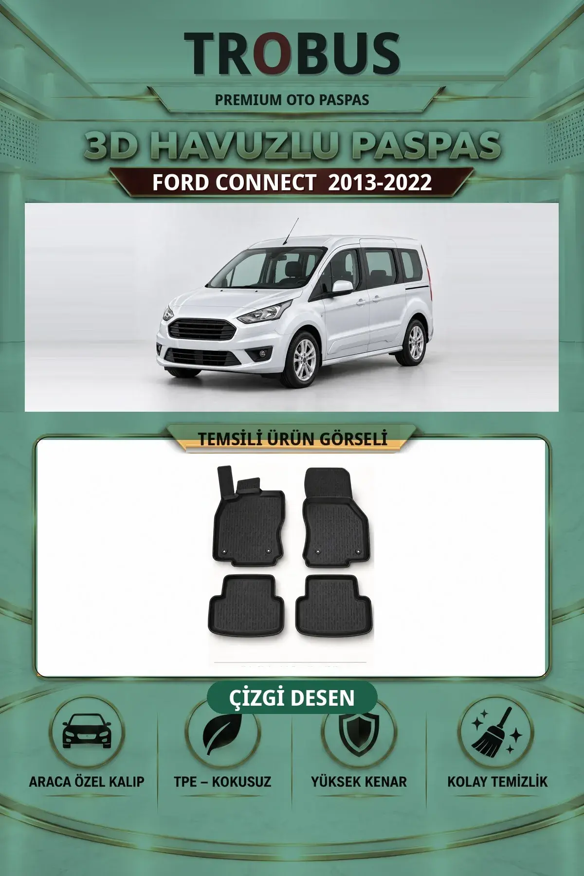Ford Connect 2013-2022 Arka Koltuklu Çizgi Desen 3D Havuzlu Paspas Takımı (1)
