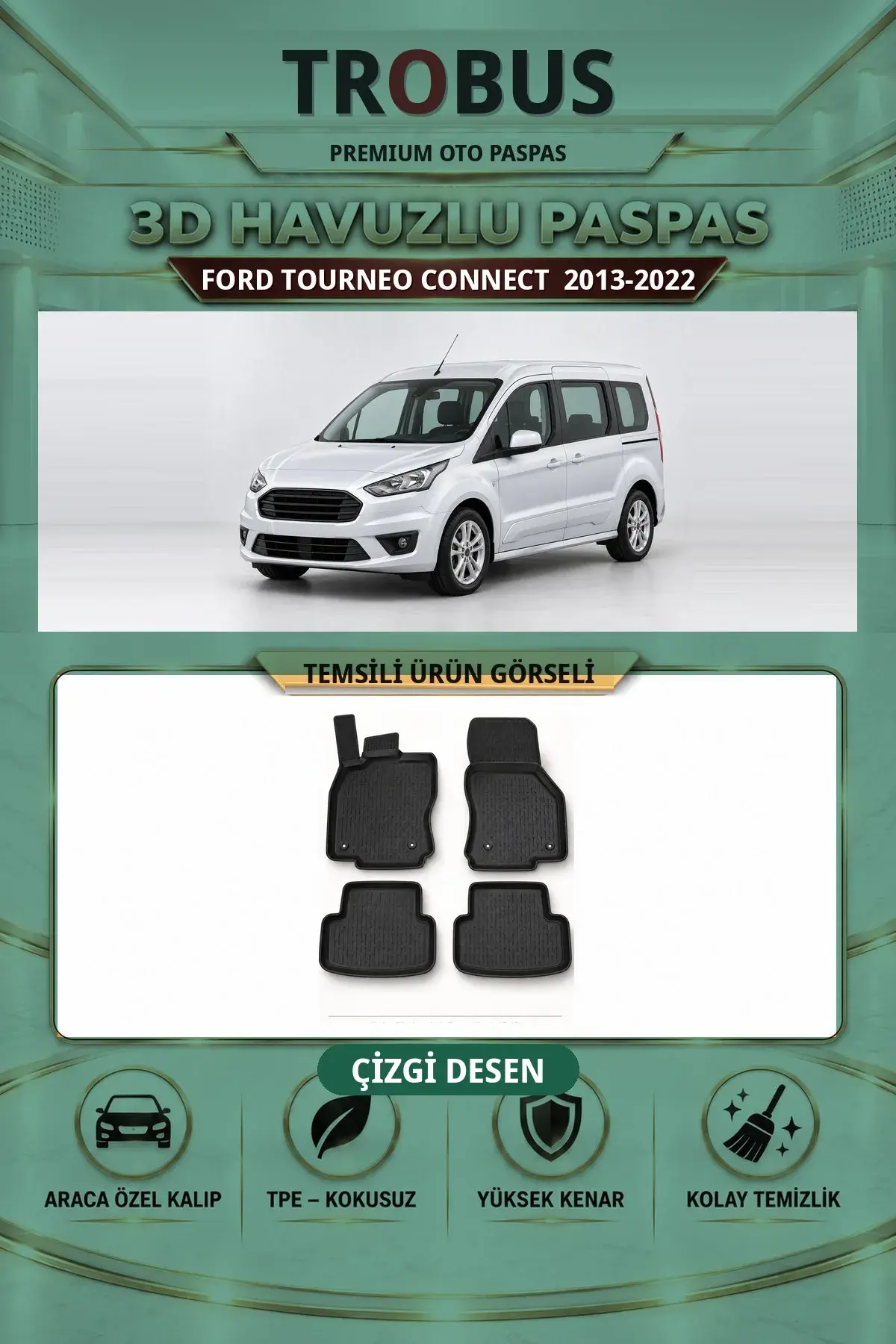 Ford Tourneo Connect 2013-2022 Arka Koltuklu Çizgi Desen 3D Havuzlu Paspas Takımı (1)