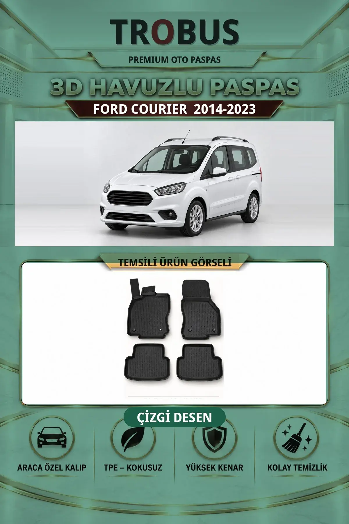 Ford Courier 2014-2023 Arka Koltuklu Çizgi Desen 3D Havuzlu Paspas Takımı (1)