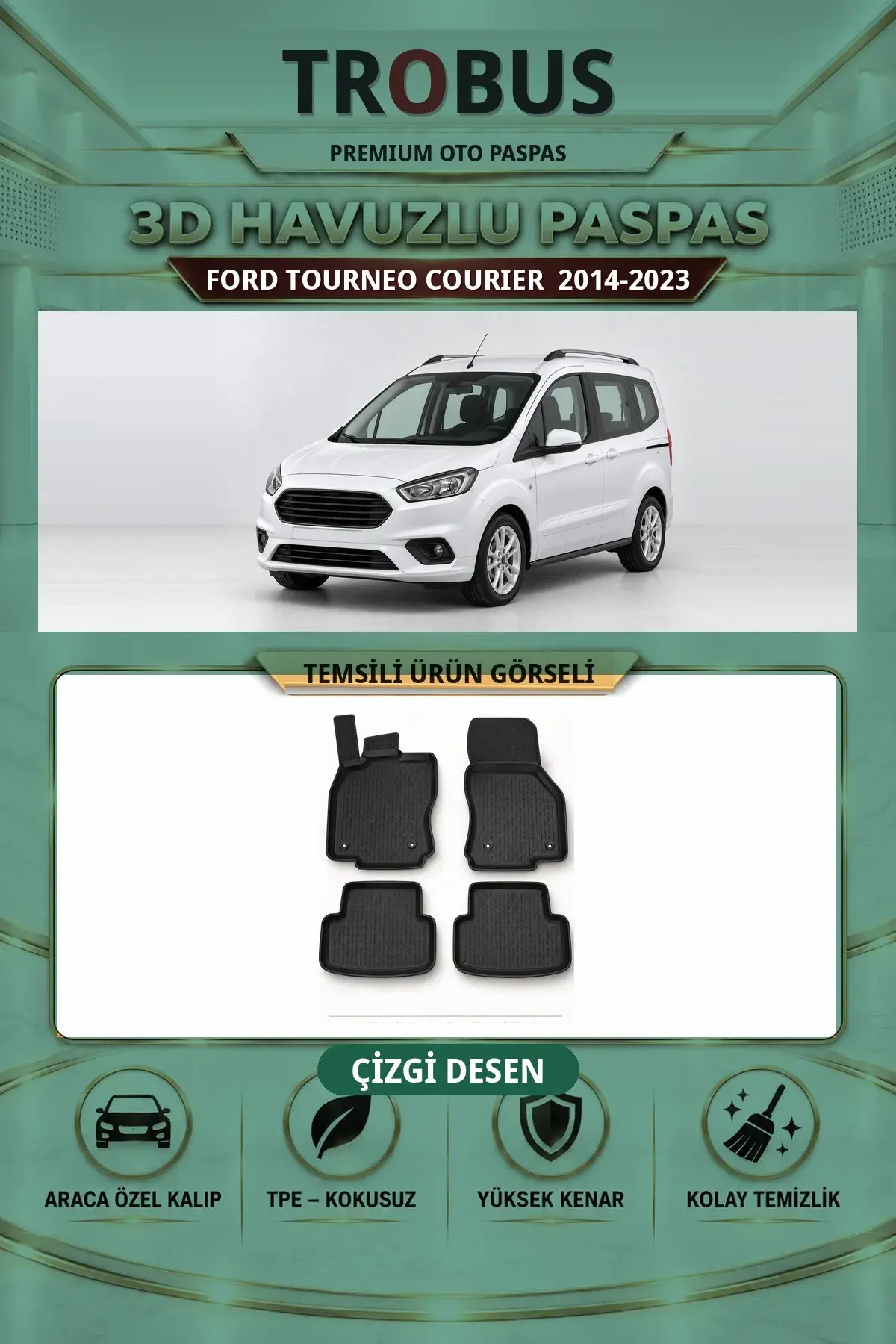 Ford Tourneo Courier 2014-2023 Arka Koltuklu Çizgi Desen 3D Havuzlu Paspas Takımı (1)