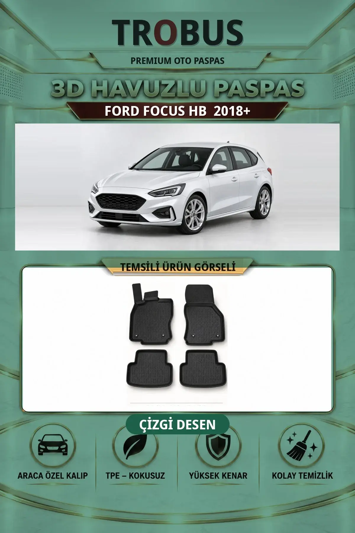 Ford Focus 2018+ HB Çizgi Desen 3D Havuzlu Paspas Takımı (1)