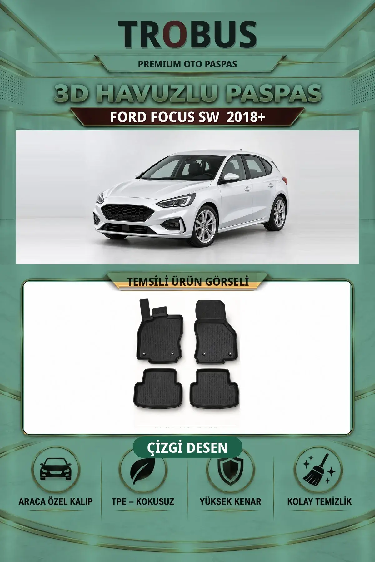Ford Focus SW 2018+ Çizgi Desen 3D Havuzlu Paspas Takımı (1)