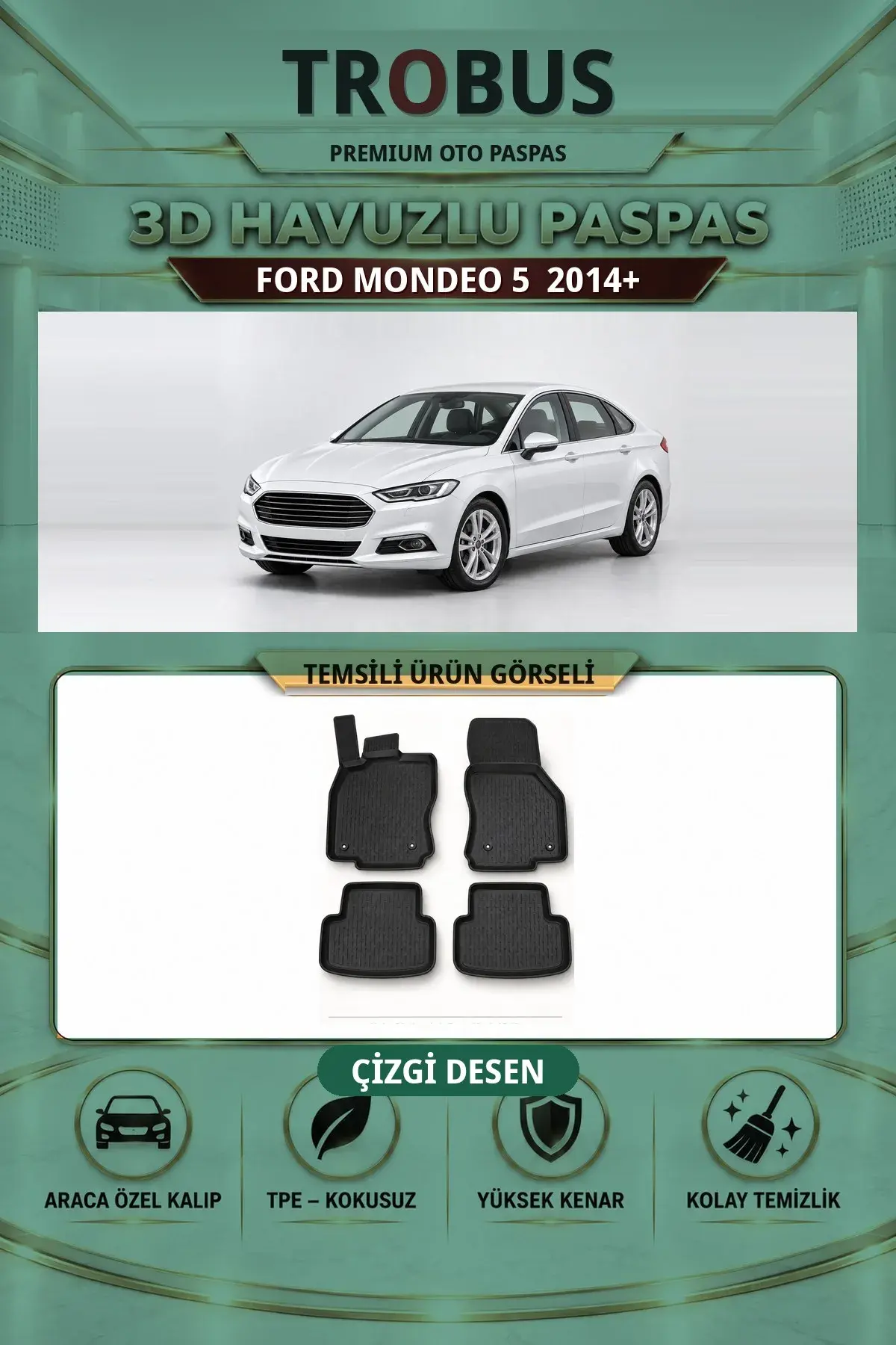 Ford Mondeo 5 2014+ Çizgi Desen 3D Havuzlu Paspas Takımı (1)