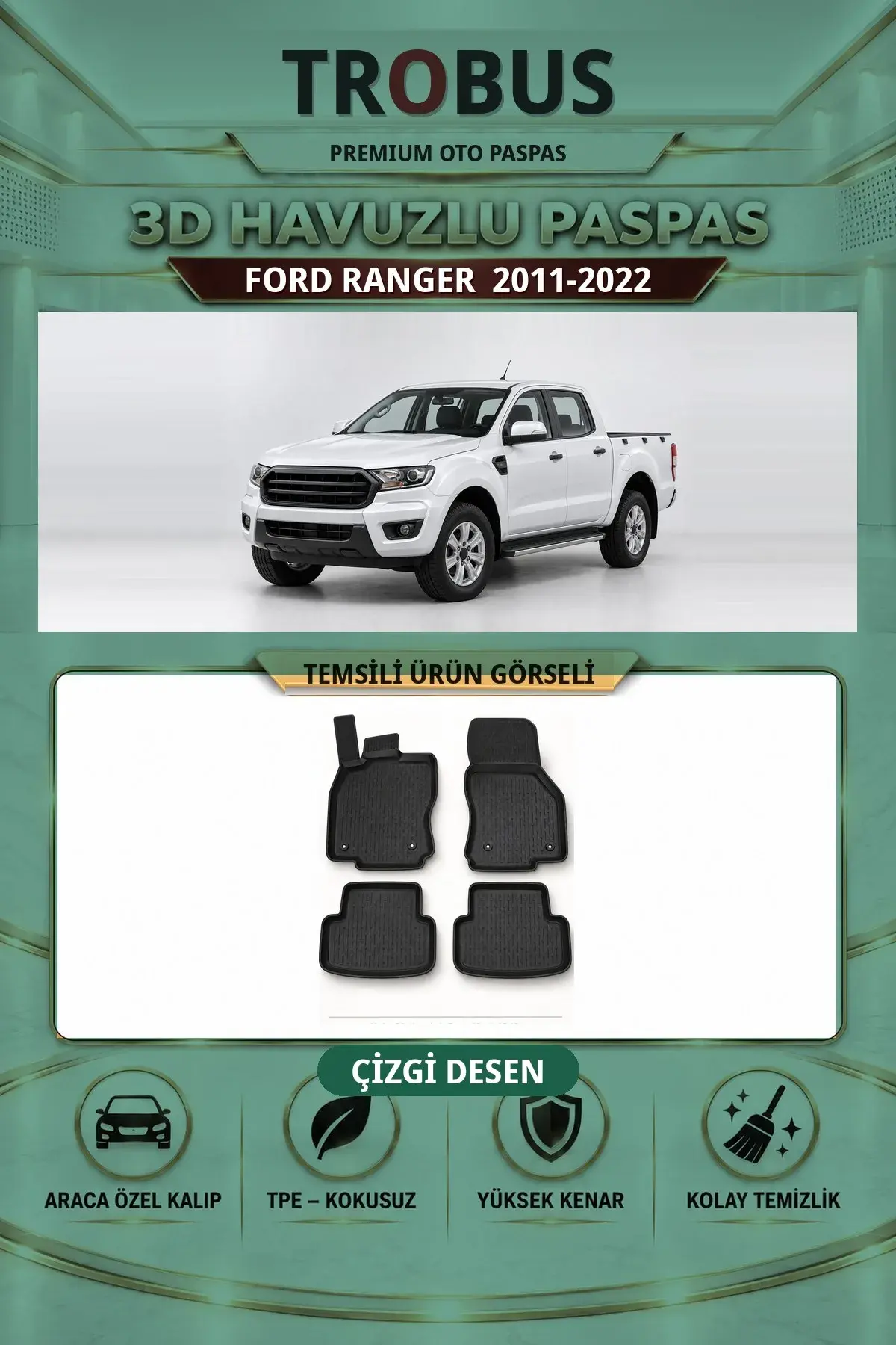 Ford Ranger 2011-2022 Çizgi Desen 3D Havuzlu Paspas Takımı (1)