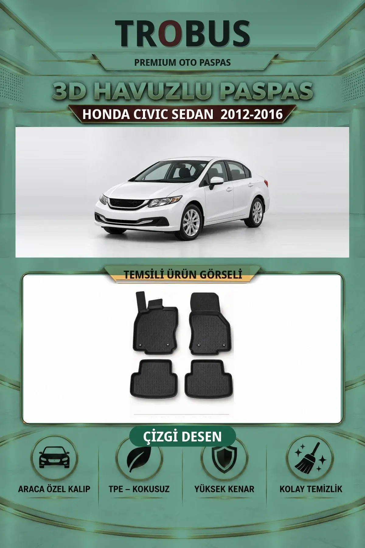 Honda Civic Sedan 2012-2016 Çizgi Desen 3D Havuzlu Paspas Takımı (1)