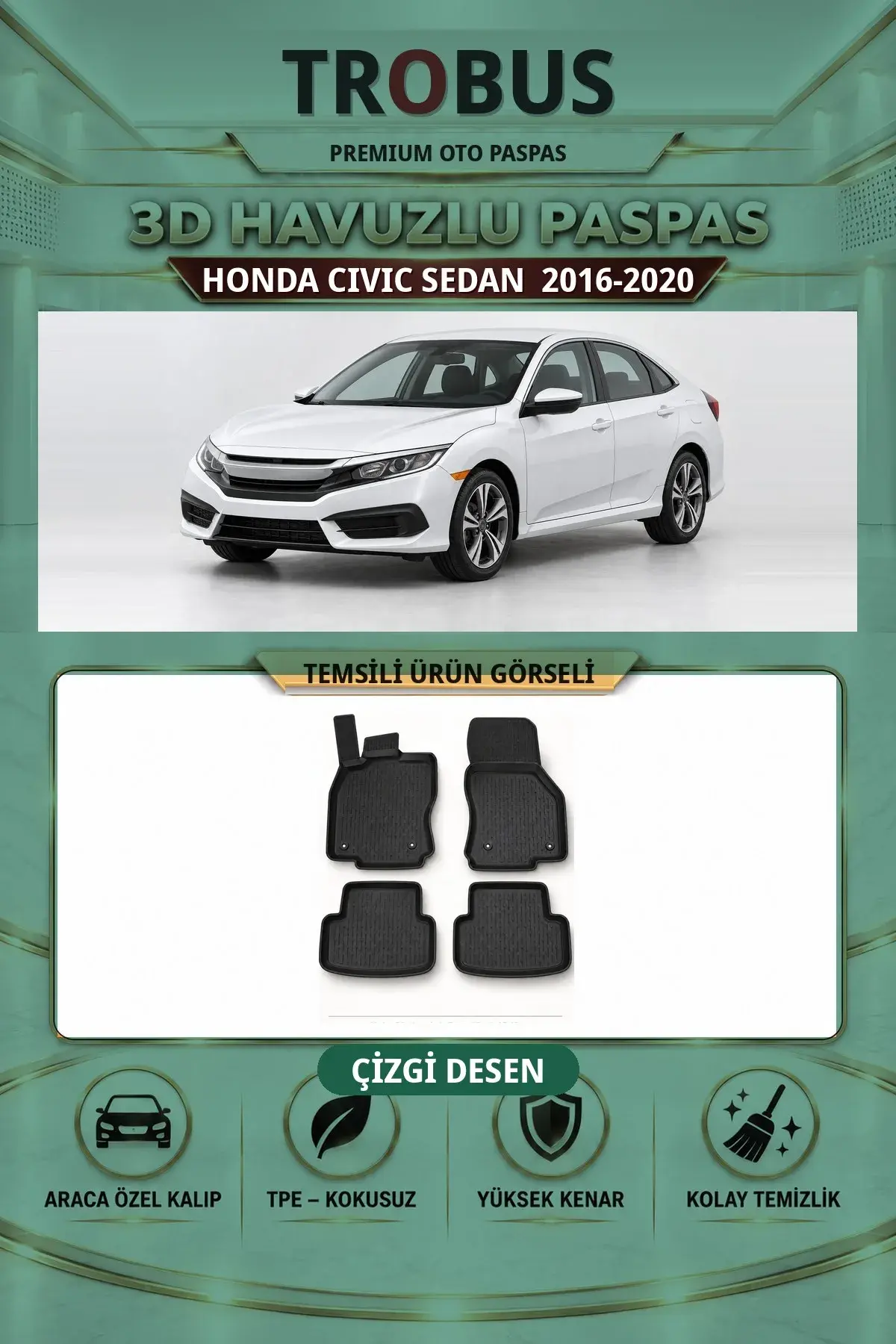 Honda Civic Sedan 2016-2020 Çizgi Desen 3D Havuzlu Paspas Takımı (1)