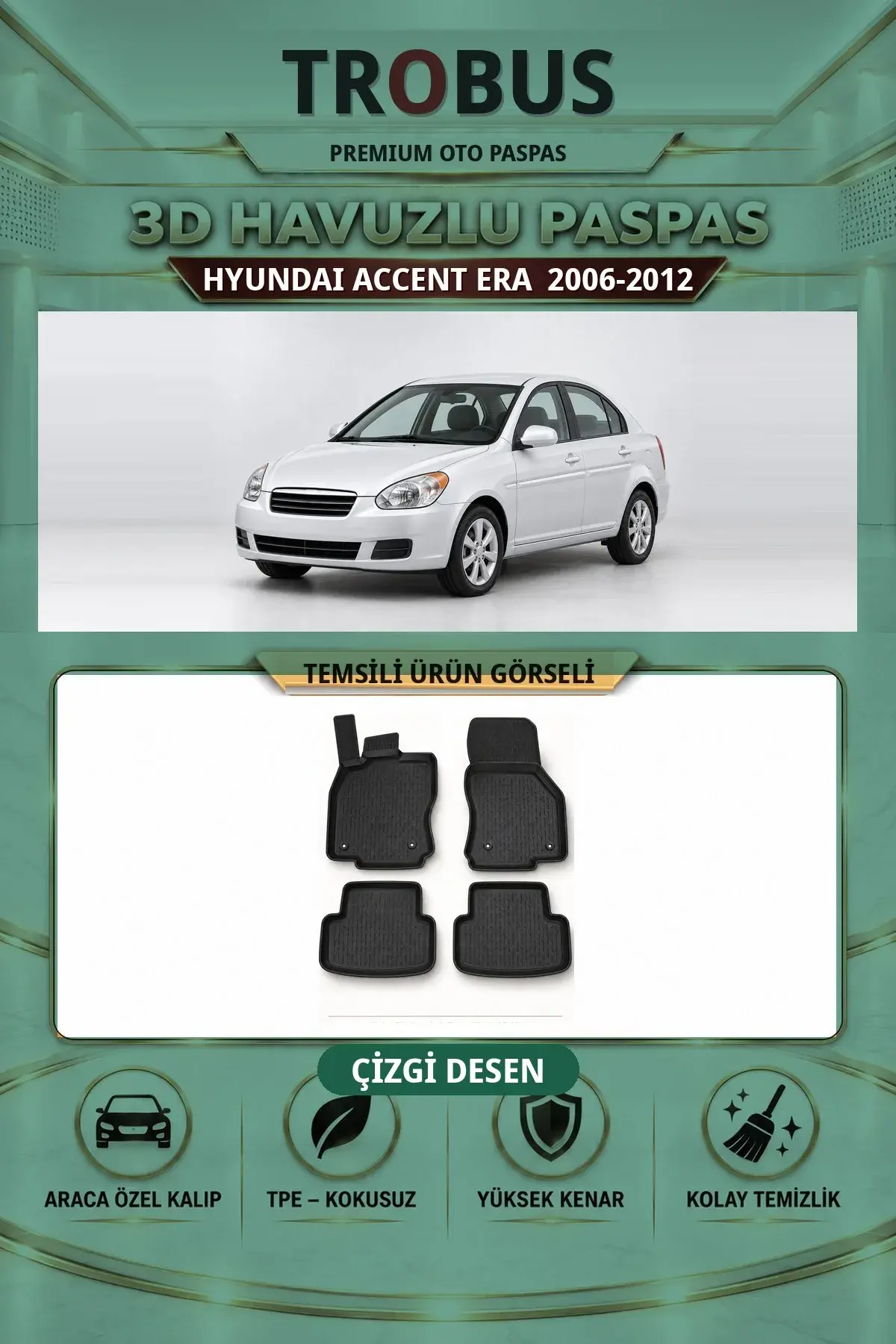 Hyundai Accent ERA 2006-2012 Çizgi Desen 3D Havuzlu Paspas Takımı (1)