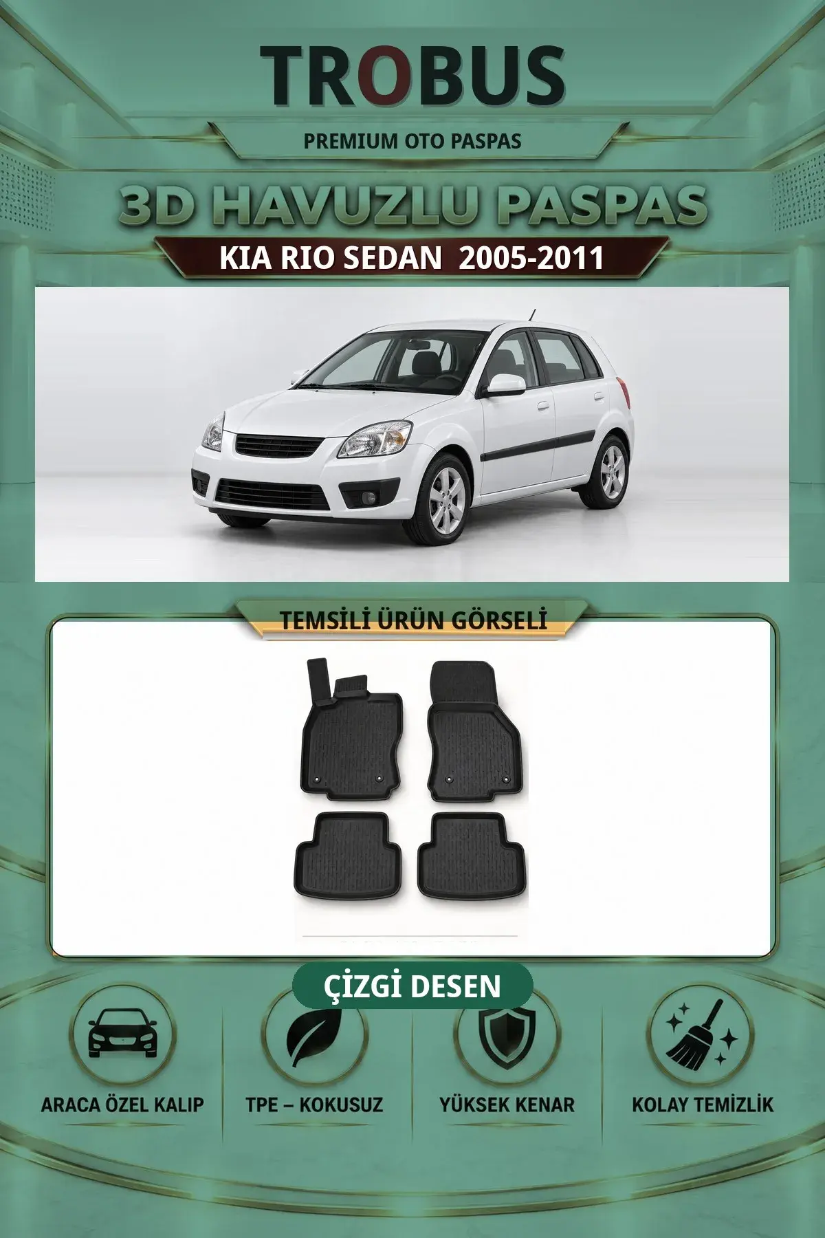 Kia RIO Sedan 2005-2011 Çizgi Desen 3D Havuzlu Paspas Takımı (1)