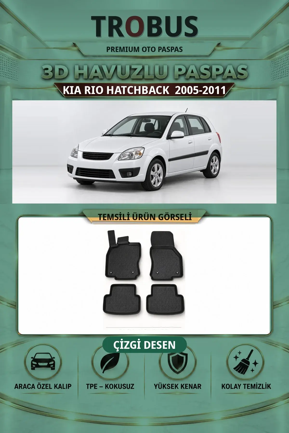 Kia RIO Hatchback 2005-2011 Çizgi Desen 3D Havuzlu Paspas Takımı (1)