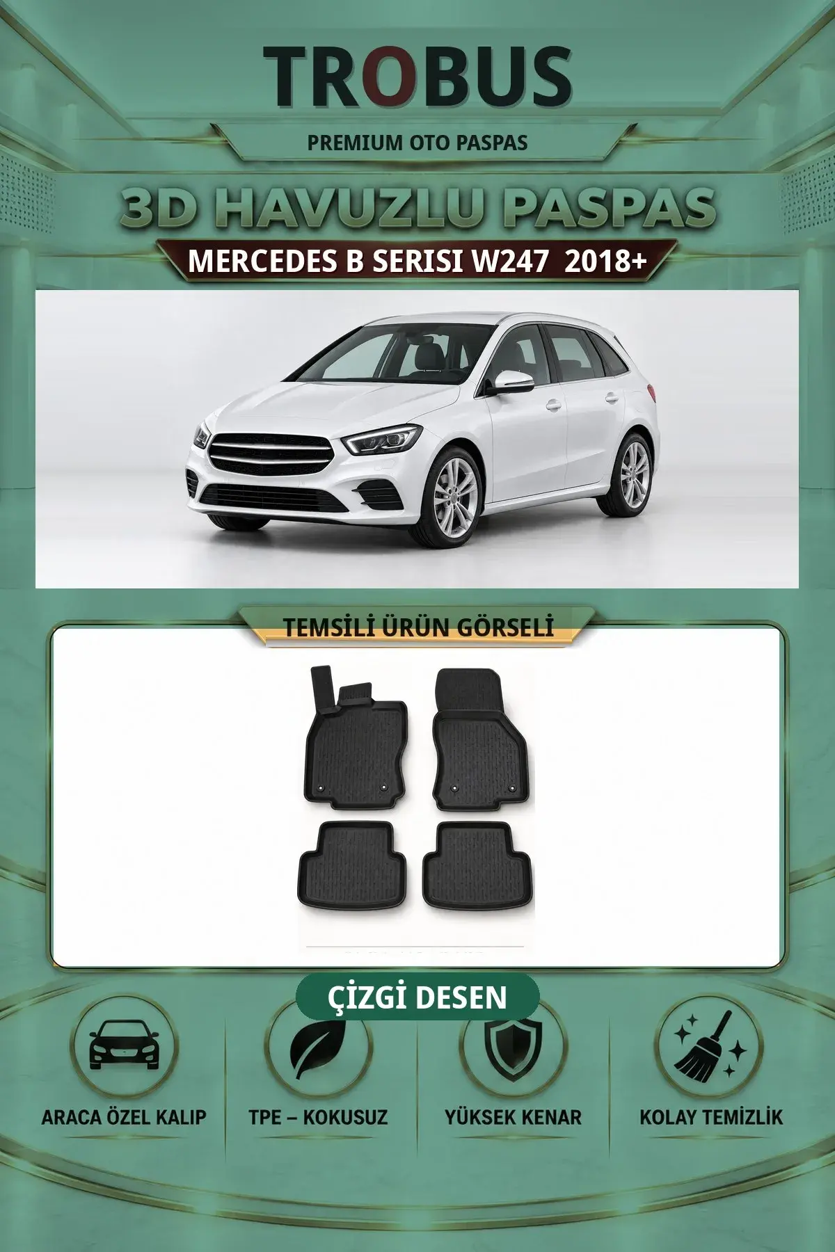 Mercedes-Benz B Serisi W247 2018+ Çizgi Desen 3D Havuzlu Paspas Takımı (1)