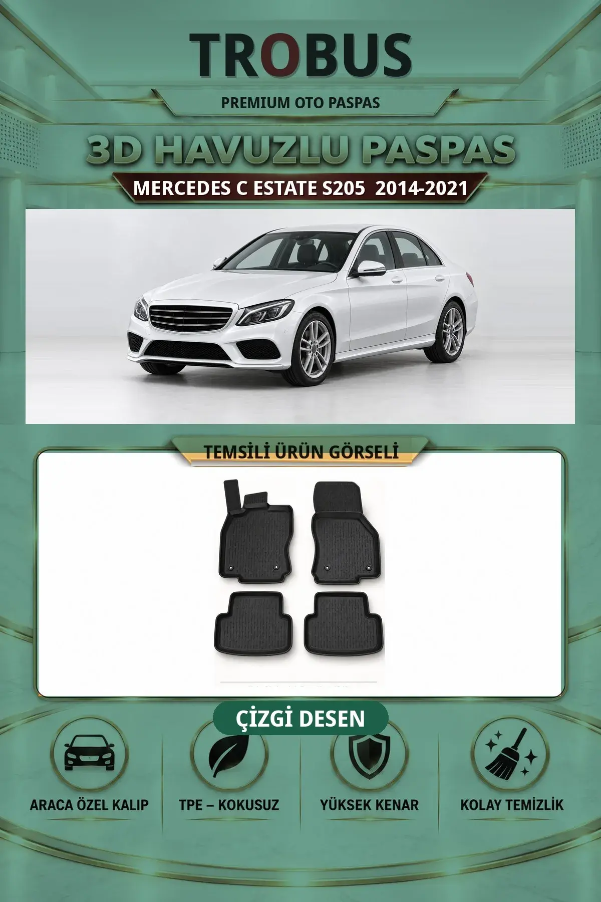 Mercedes-Benz C Estate S205 2014-2021 Çizgi Desen 3D Havuzlu Paspas Takımı (1)