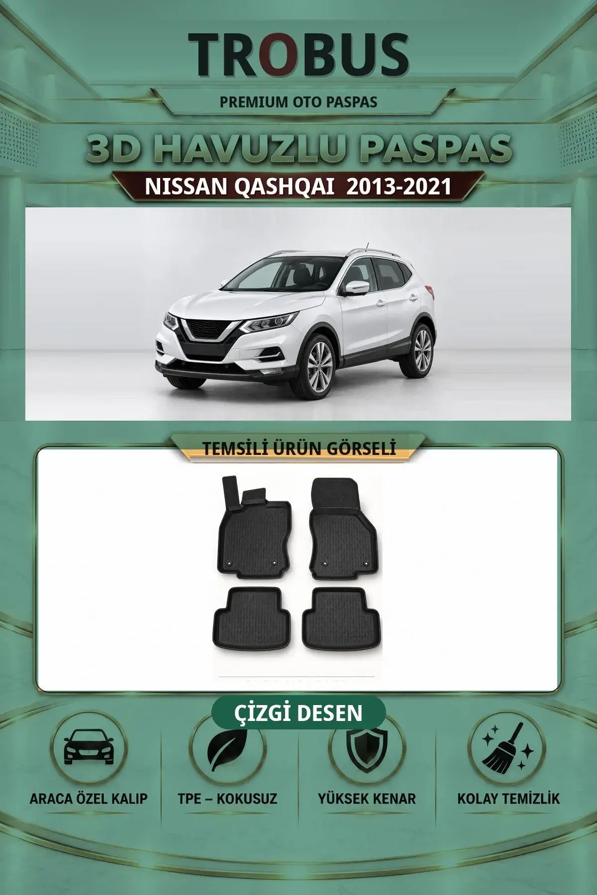 Nissan Qashqai 2013-2021 Çizgi Desen 3D Havuzlu Paspas Takımı (1)