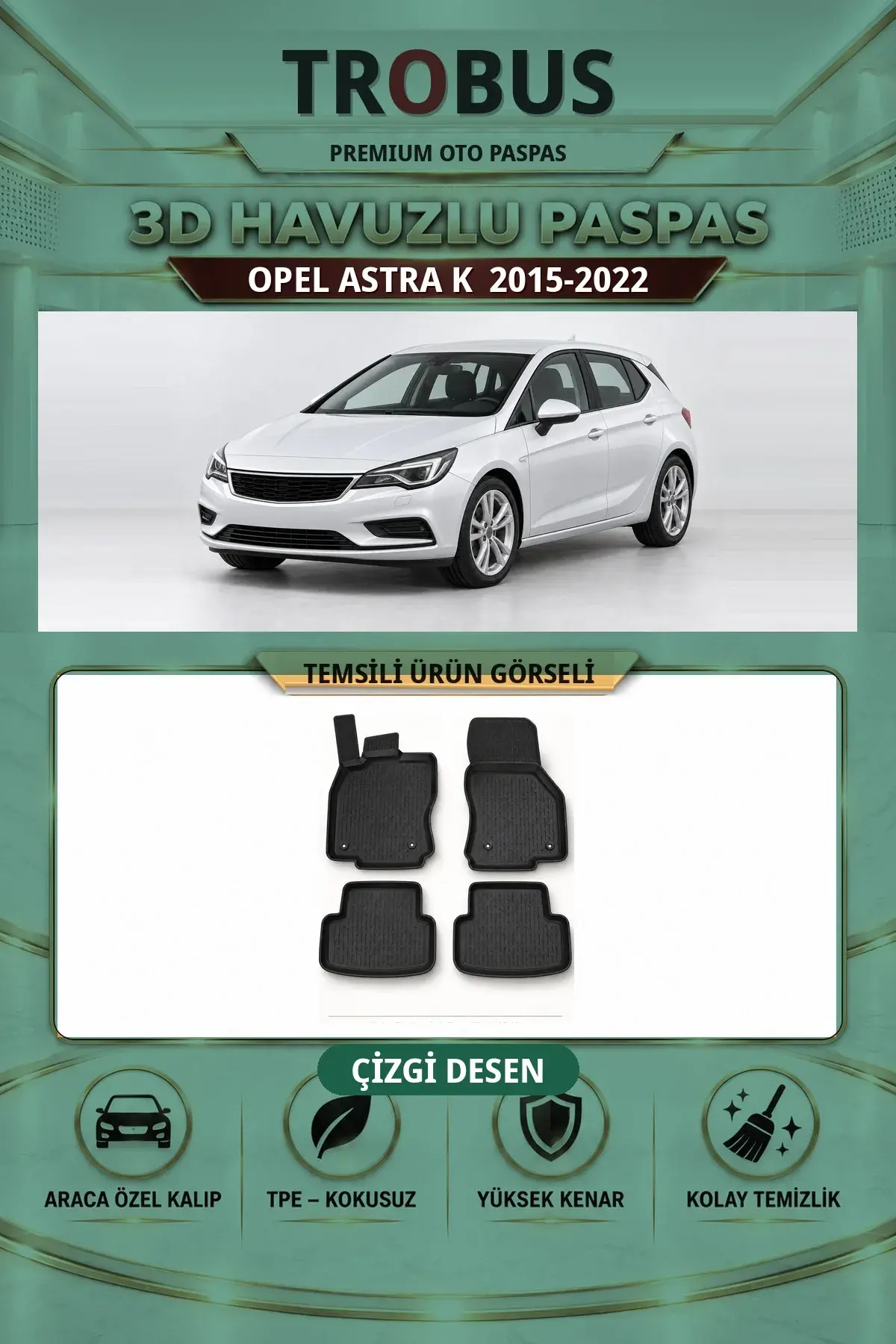 Opel Astra K 2015-2022 Çizgi Desen 3D Havuzlu Paspas Takımı (1)