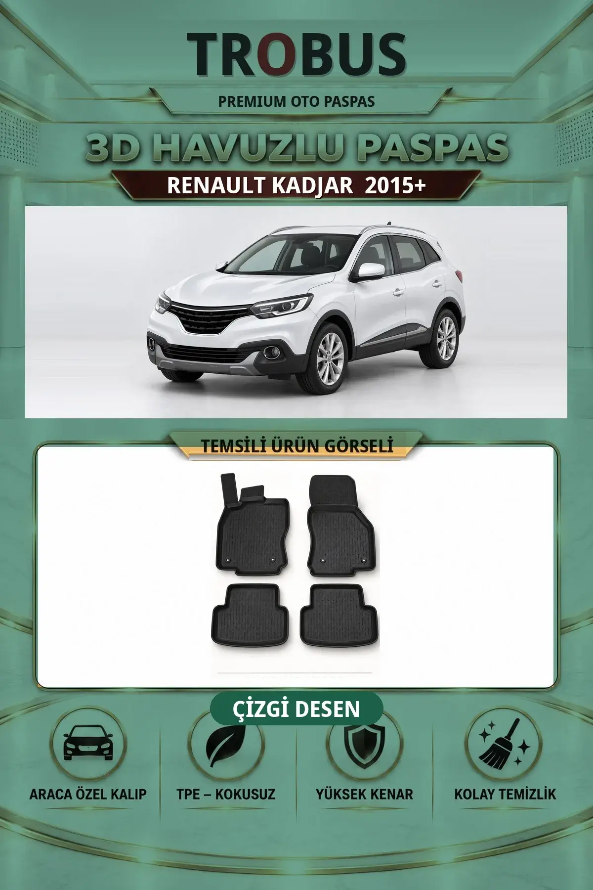 Renault Kadjar 2015+ Çizgi Desen 3D Havuzlu Paspas Takımı (1)