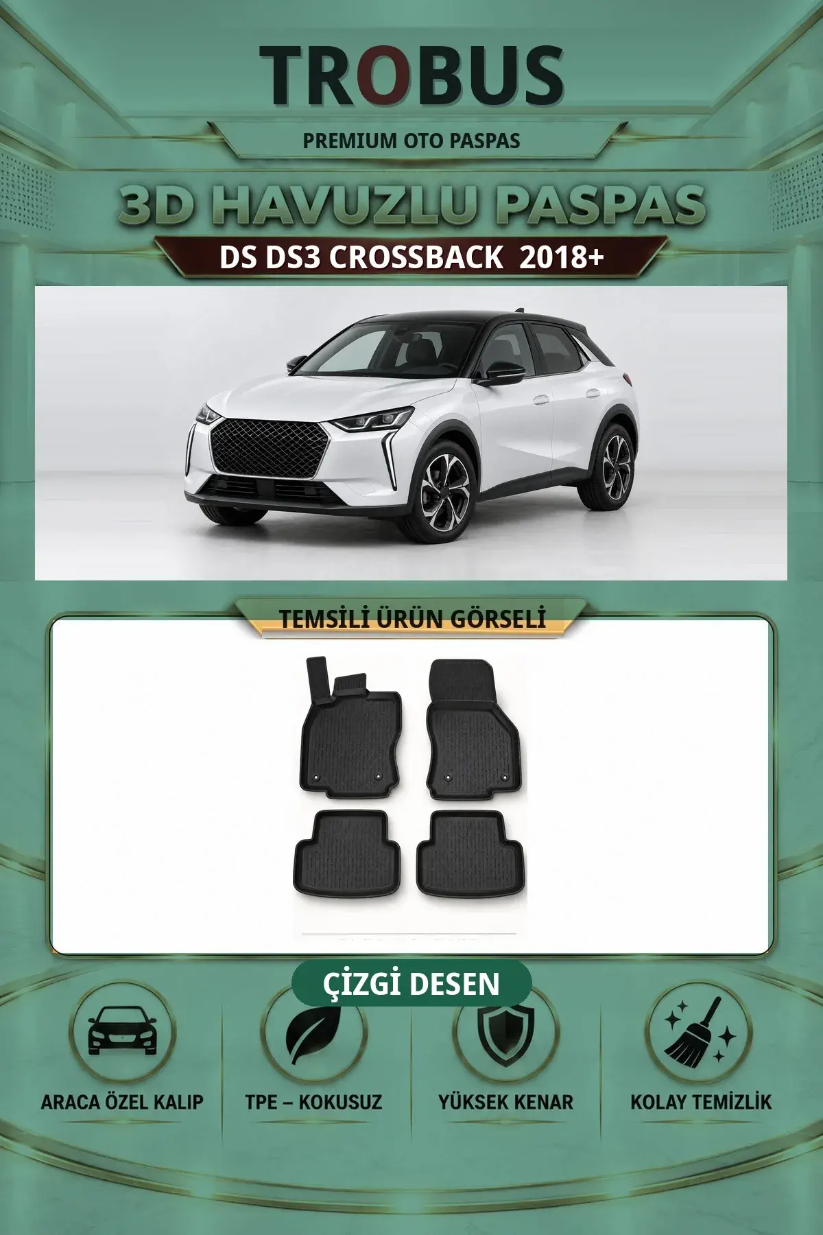 DS DS3 Crossback 2018+ Çizgi Desen 3D Havuzlu Paspas Takımı (1)