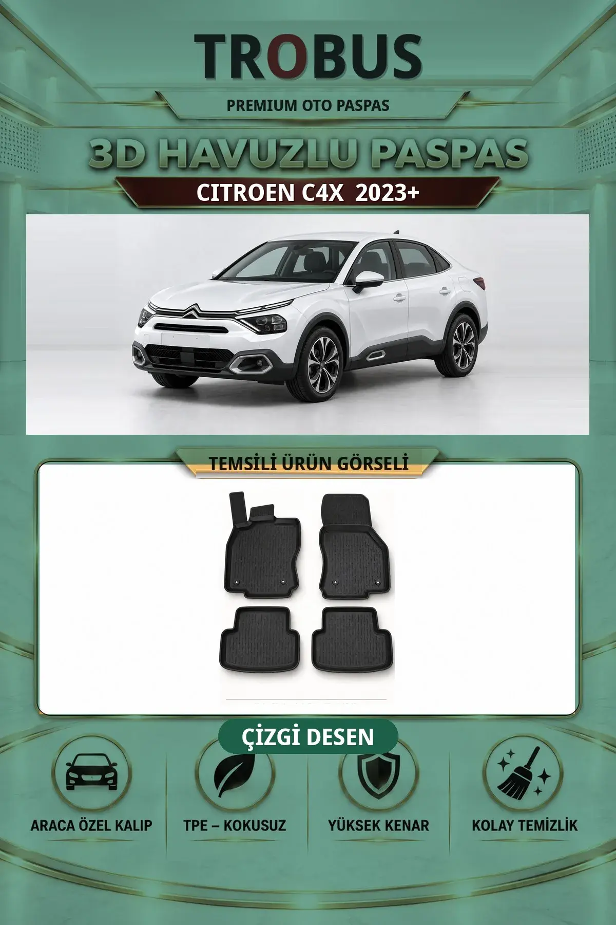 Citroen C4X 2023+ Çizgi Desen 3D Havuzlu Paspas Takımı (1)