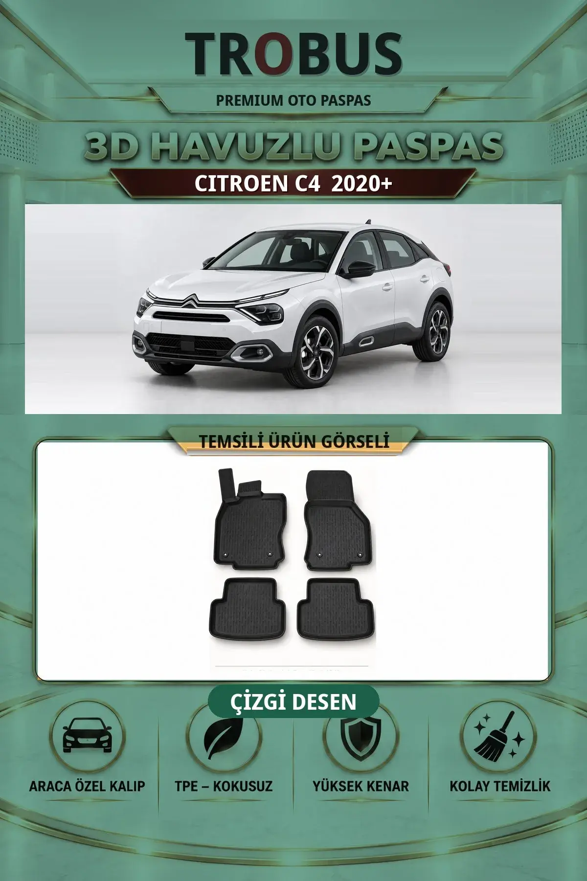 Citroen C4 2020+ Çizgi Desen 3D Havuzlu Paspas Takımı (1)