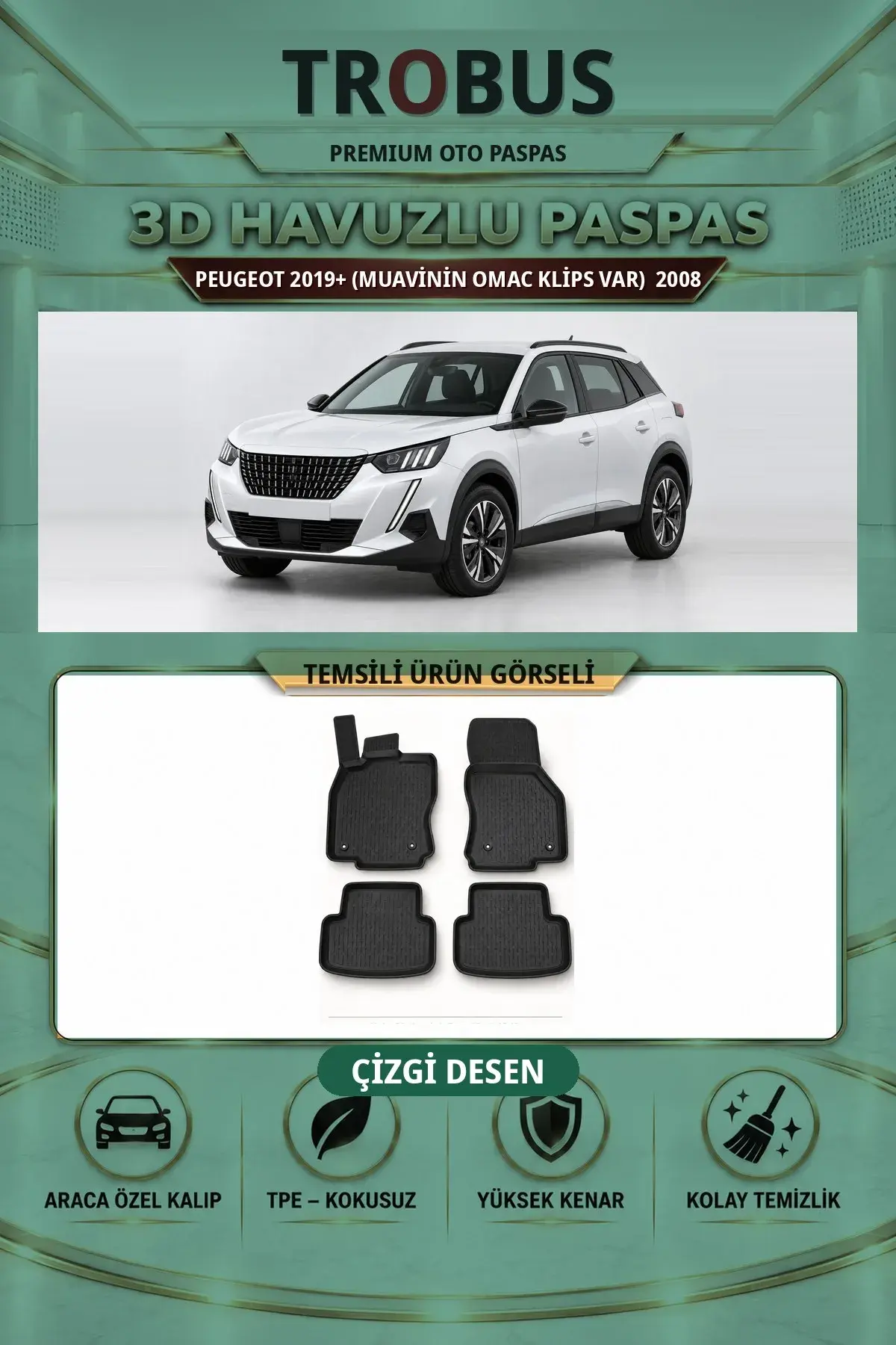 Peugeot 2008 2019+ Çizgi Desen 3D Havuzlu Paspas Takımı (1)