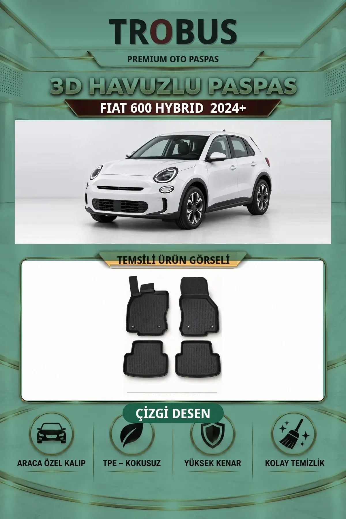 Fiat 600 Hybrid 2024+ Çizgi Desen 3D Havuzlu Paspas Takımı (1)