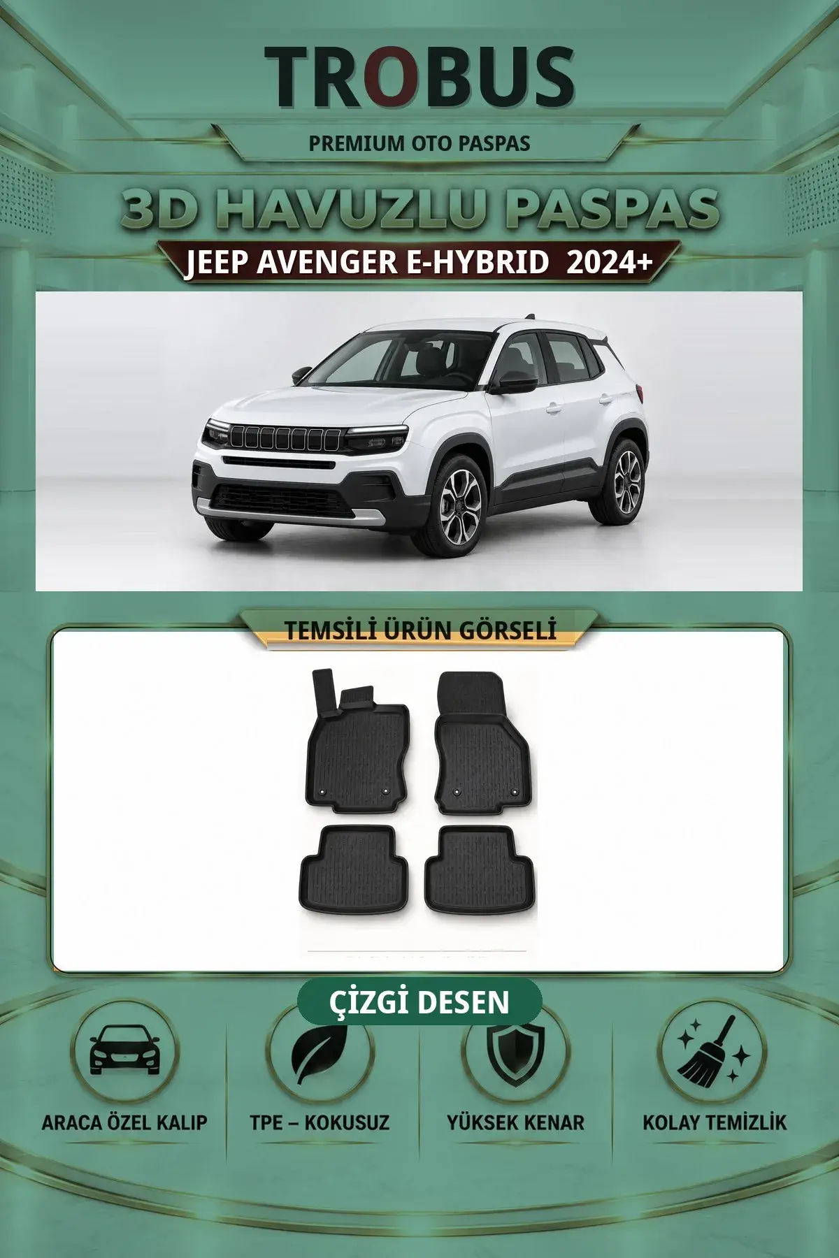 Jeep Avenger E-HYBRID 2024+ Çizgi Desen 3D Havuzlu Paspas Takımı (1)