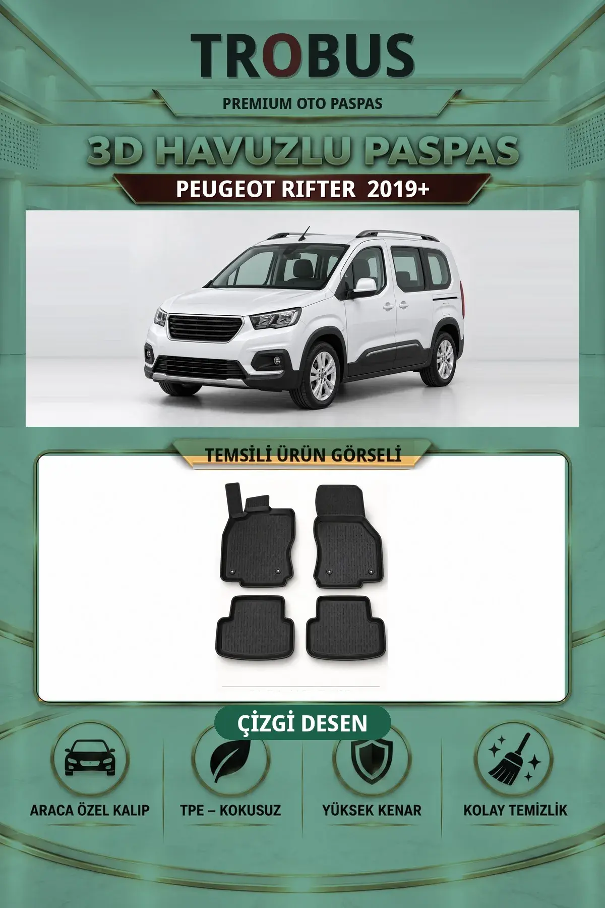 Peugeot Rifter 2019+ Arka Koltuklu Çizgi Desen 3D Havuzlu Paspas Takımı (1)