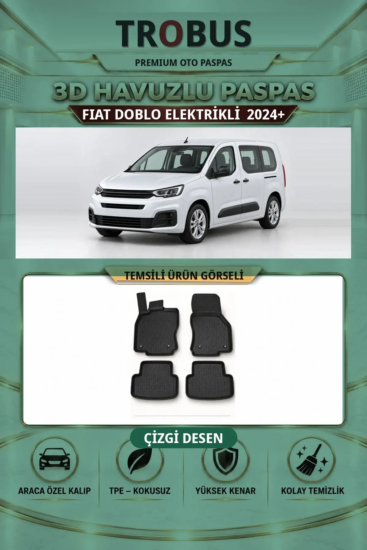 Fiat Doblo Elektrikli 2024+ Arka Koltuklu Çizgi Desen 3D Havuzlu Paspas Takımı (1)