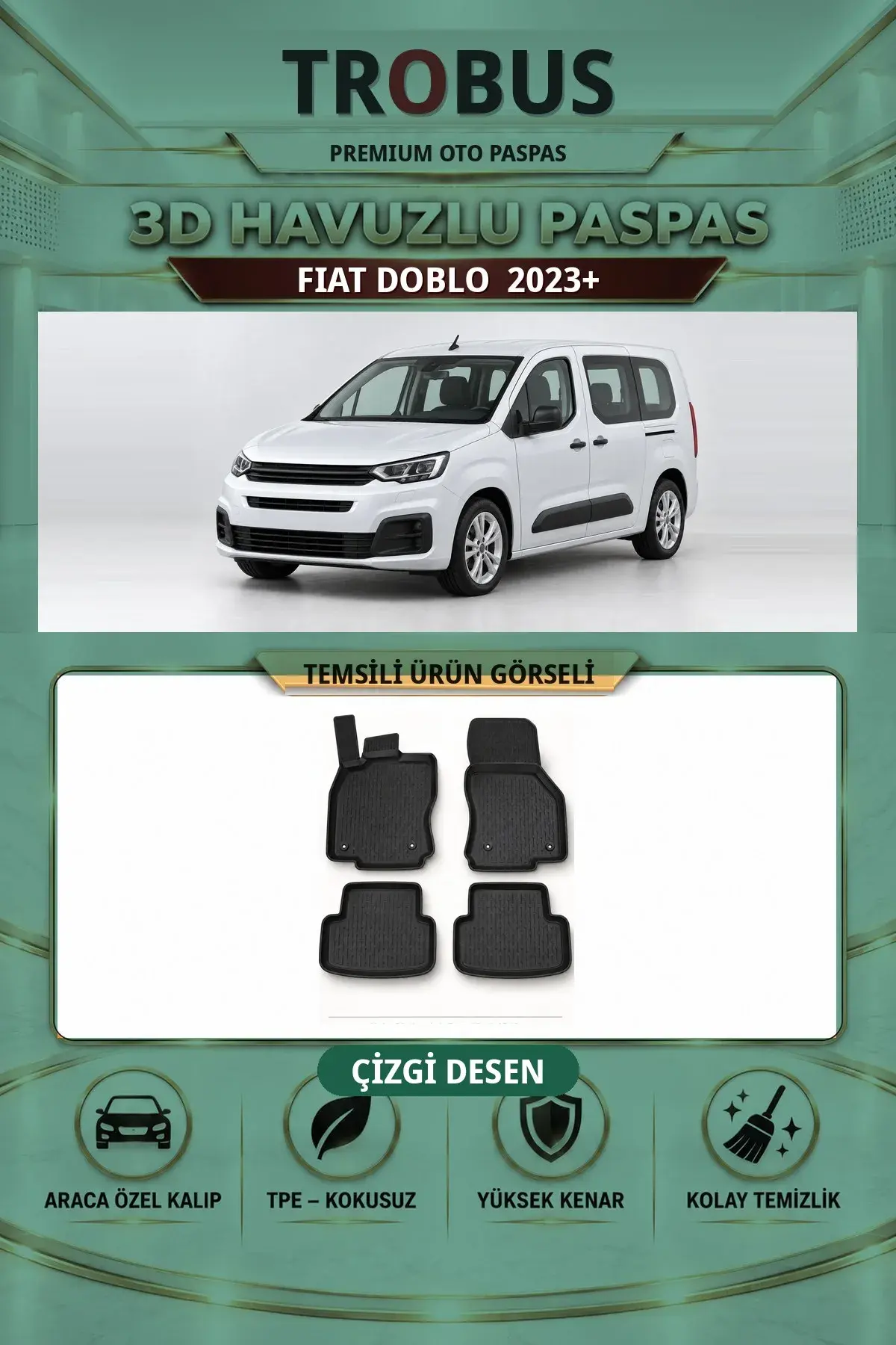 Fiat Doblo 2023+ Arka Koltuklu Çizgi Desen 3D Havuzlu Paspas Takımı (1)