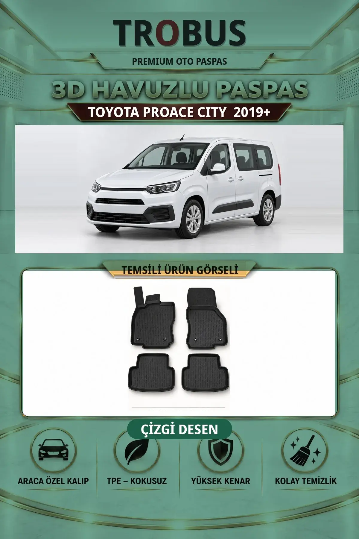 Toyota Proace City 2019+ Arka Koltuklu Çizgi Desen 3D Havuzlu Paspas Takımı (1)