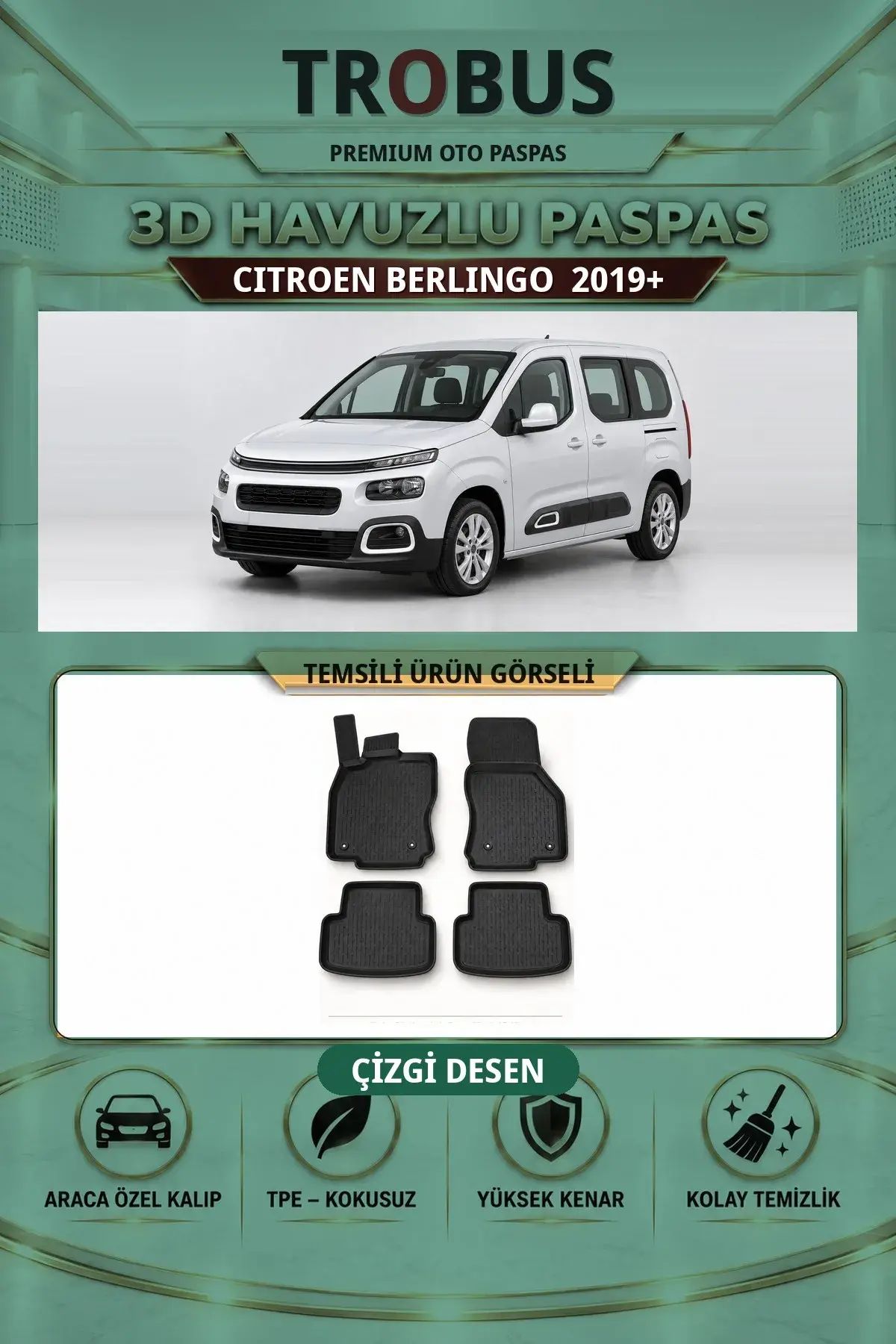 Citroen Berlingo 2019+ Arka Koltuklu Çizgi Desen 3D Havuzlu Paspas Takımı (1)