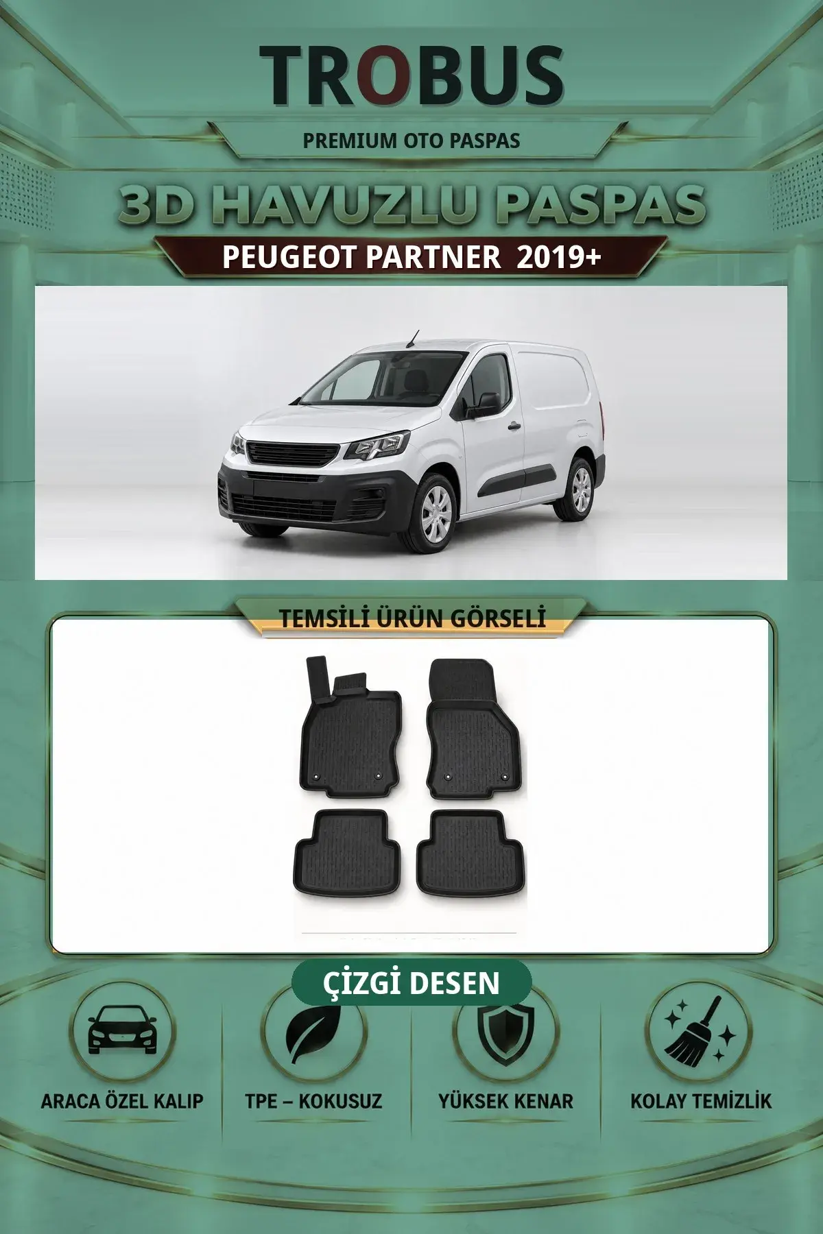 Peugeot Partner 2019+ Arka Koltuklu Çizgi Desen 3D Havuzlu Paspas Takımı (1)