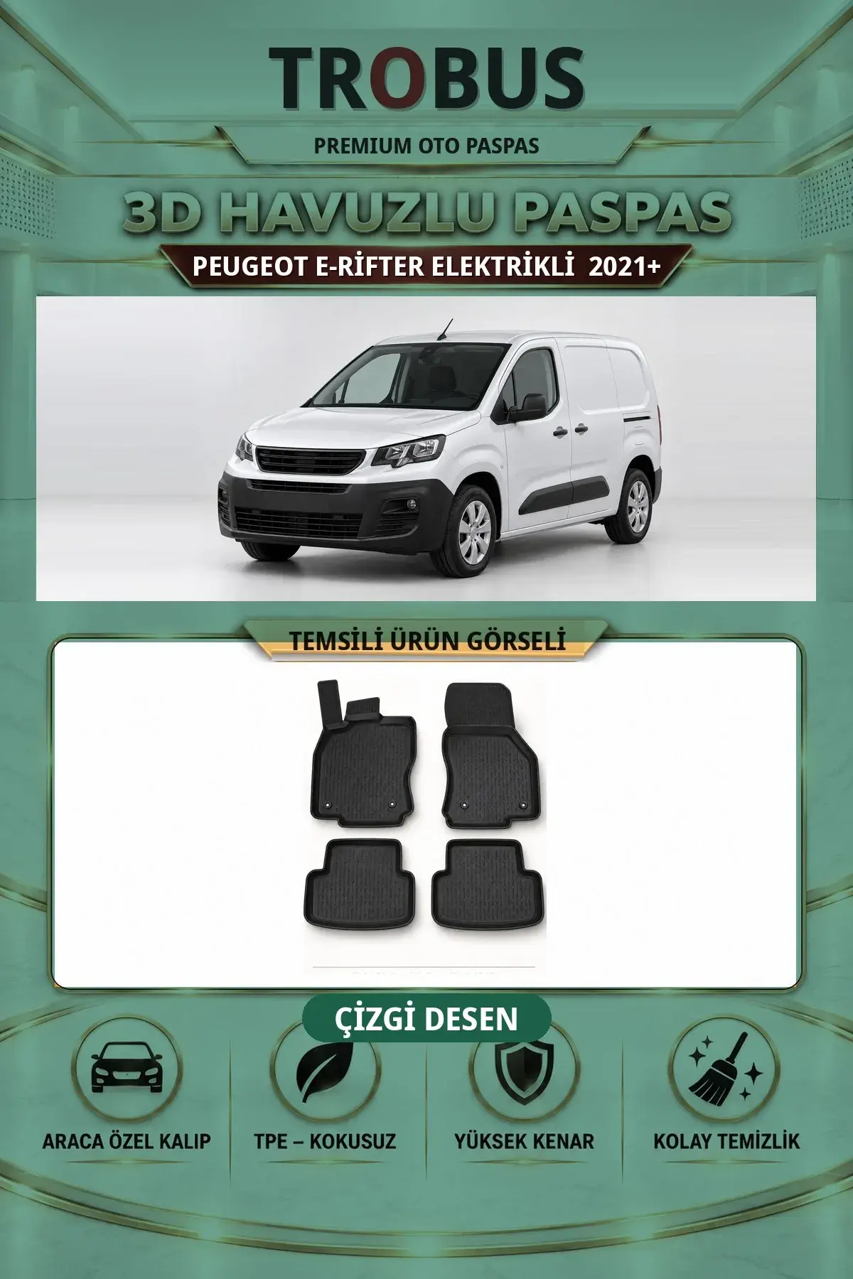 Peugeot e-RİFTER Elektrikli 2021+ Arka Koltuklu Çizgi Desen 3D Havuzlu Paspas Takımı (1)
